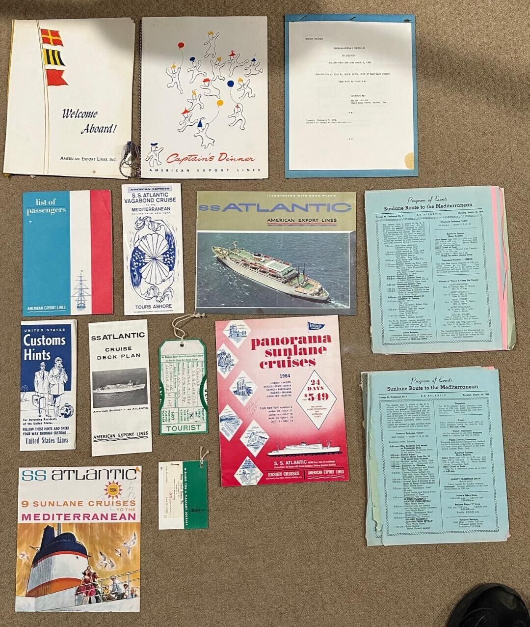 1964 SS Atlantic Collectible Literature Itineraries Deck Plan Events Dinner Menu