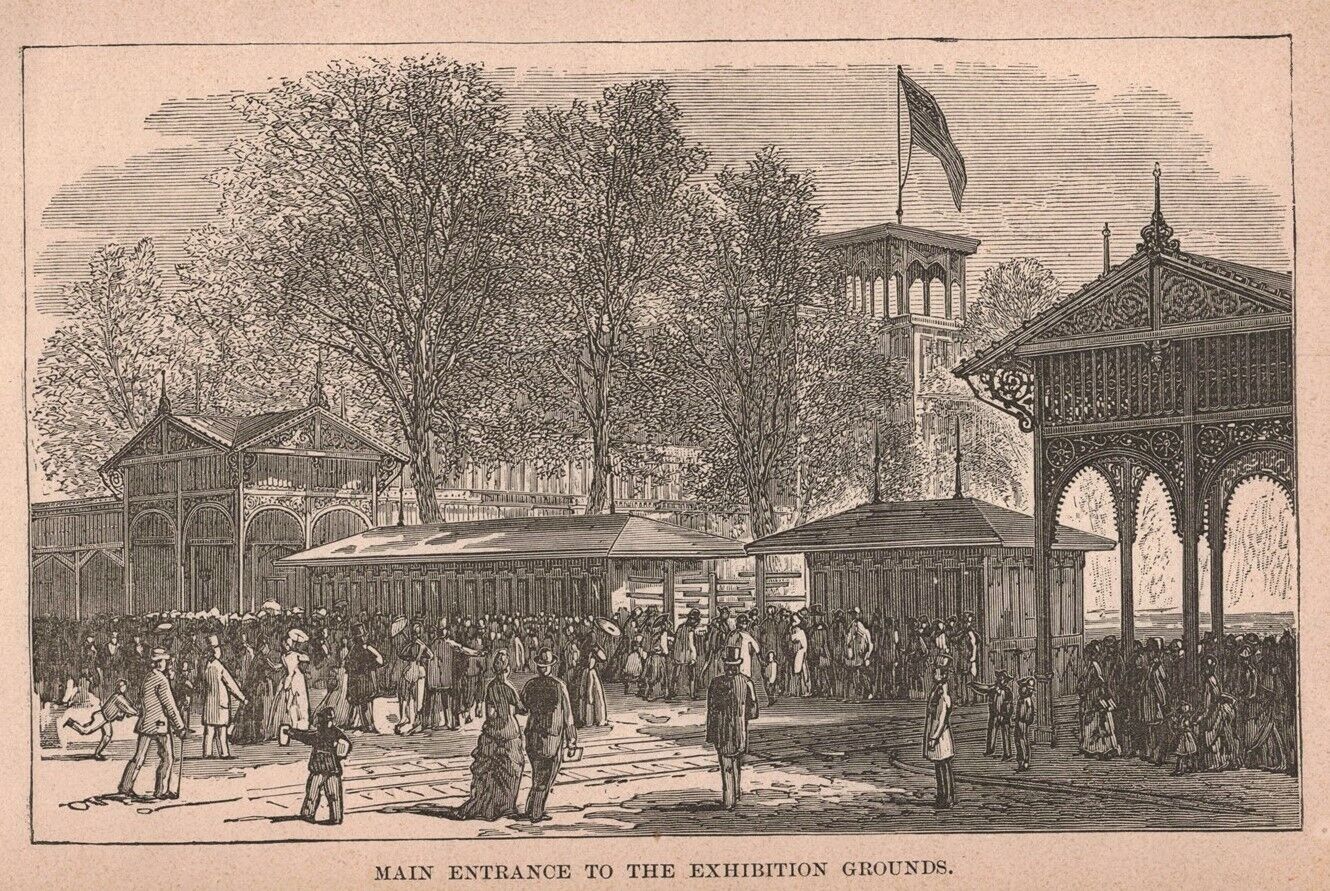1876 Victorian Engraving Main Entrance Philadelphia Exhibition Grounds 2T1-57A