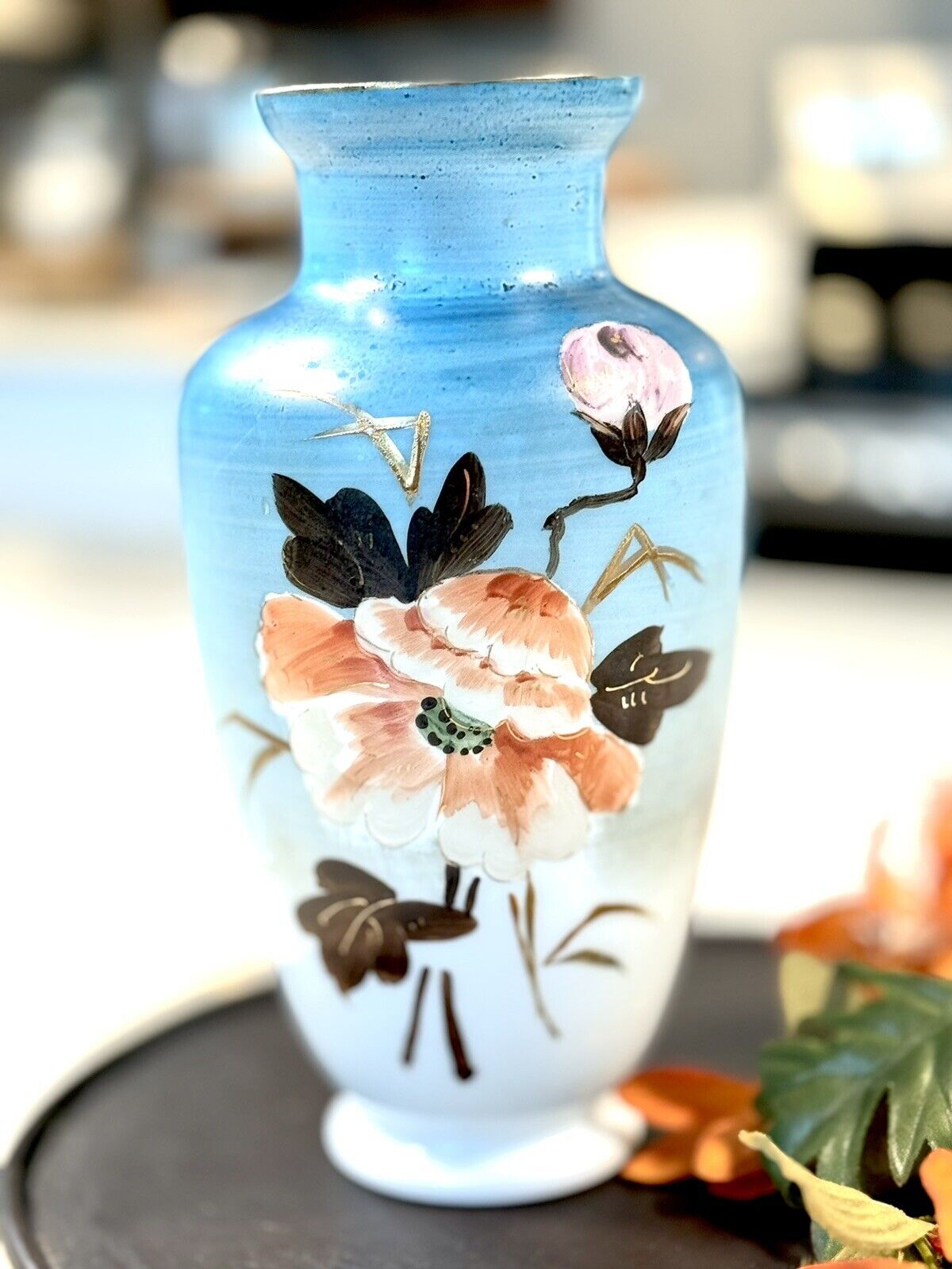 Antique Victorian Milk Bristol Glass Hand Painted Flowers Vase