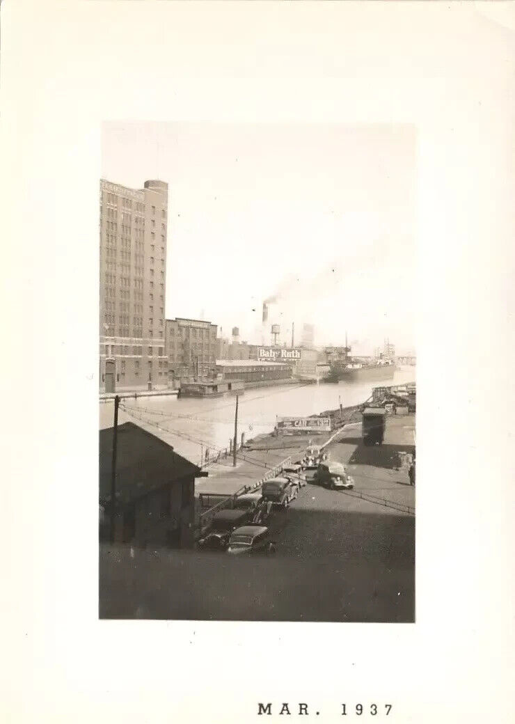 Vintage 1937 Photo Chicago River Michigan Ave Bridge Old Cars Baby Ruth Sign m28