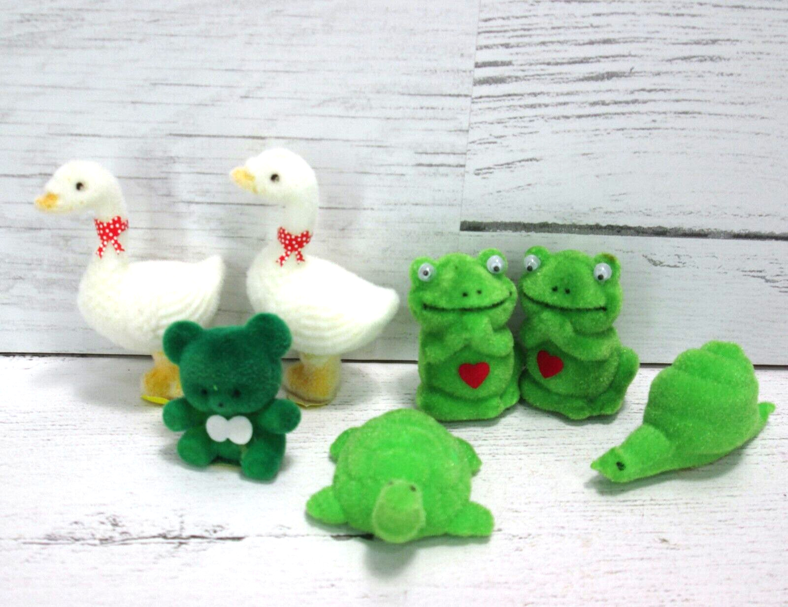 Vintage Mini Flocked Animal Lot Geese Frog Turtle Snail Green Bear Craft Spring