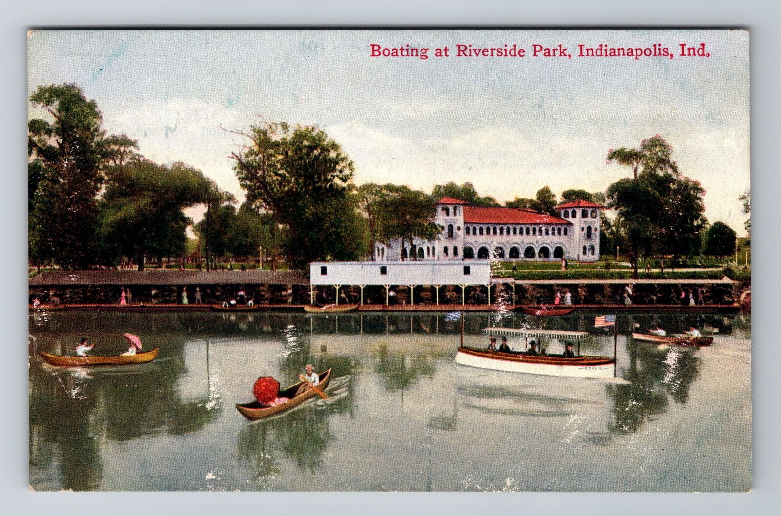 Indianapolis IN-Indiana, Boating At Riverside Park, Antique Vintage Postcard