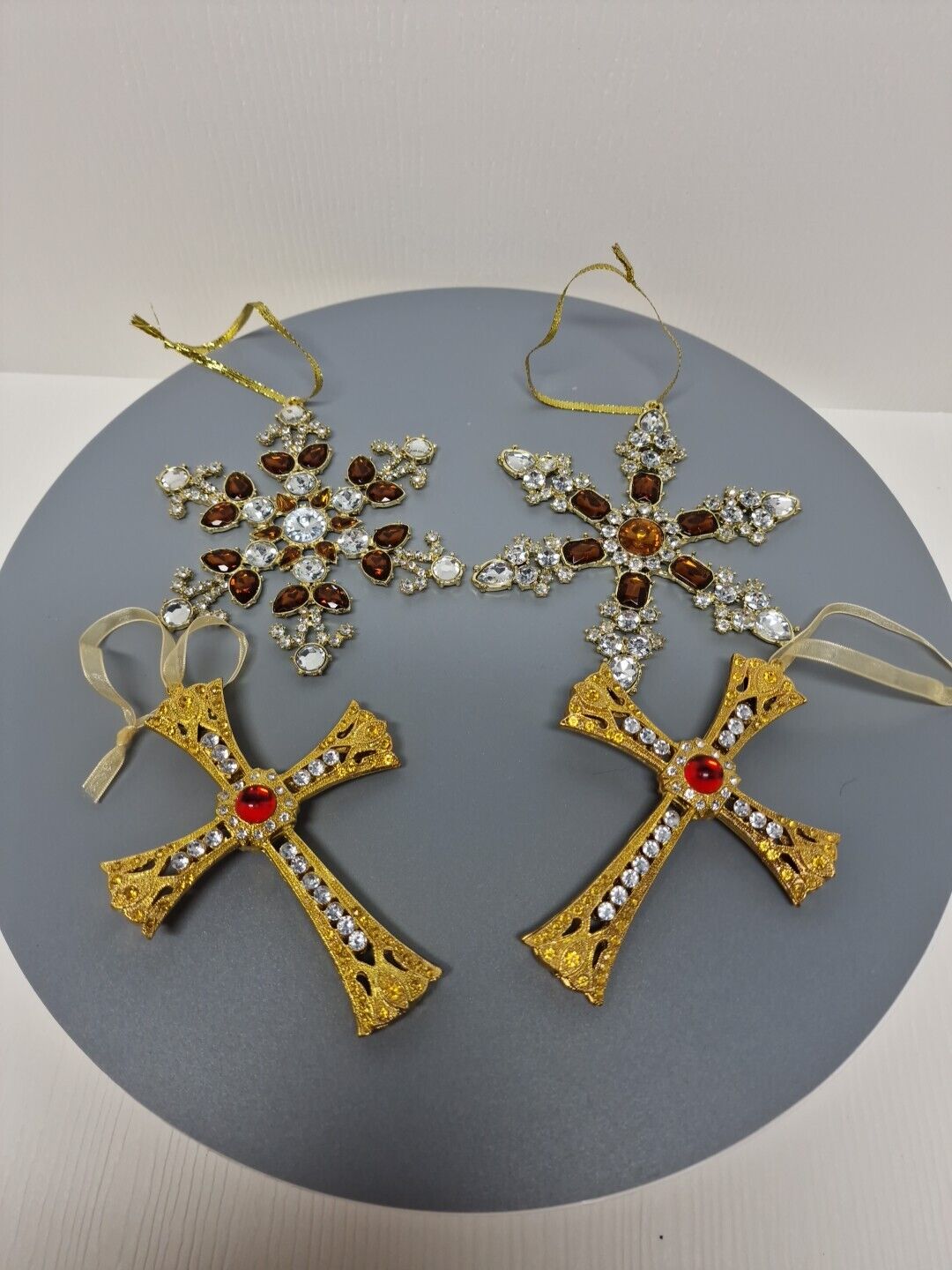 Lot Of 4 Ornate Jeweled Religious Cross And Snowflakes Christmas Ornaments,C14te