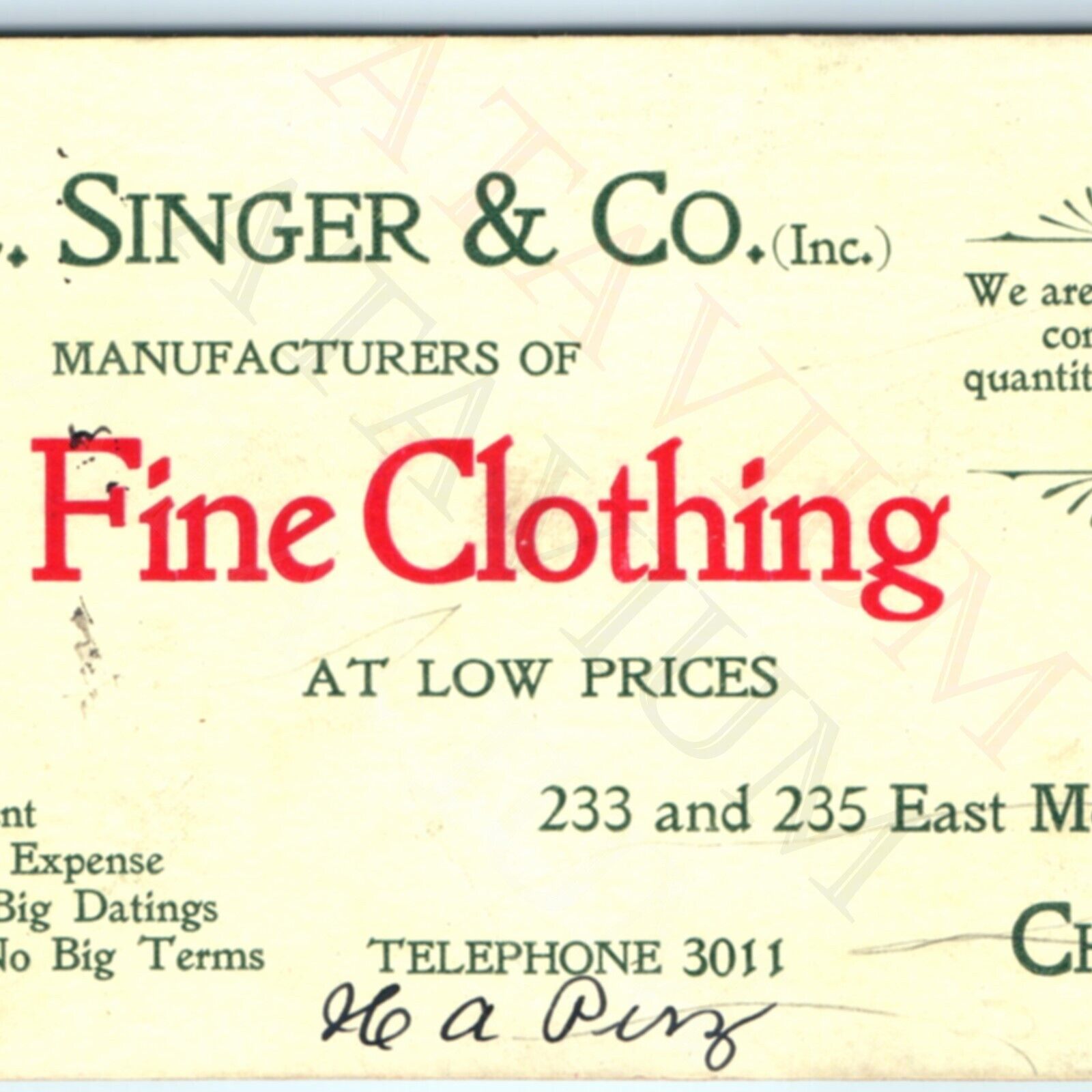 c1920s Chicago A.L. Singer & Co Fine Clothing Business Trade Card Clothier C45