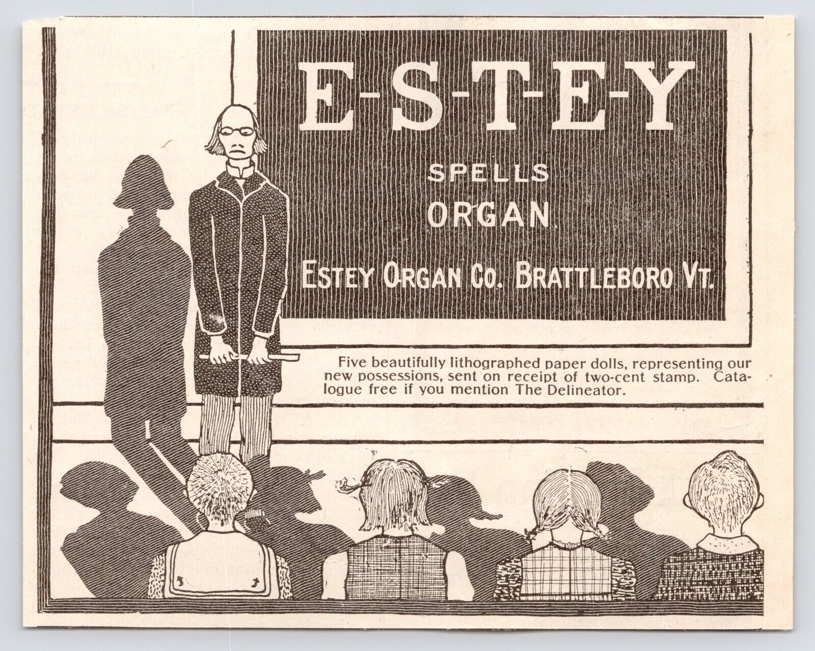 c1880s ESTEY SPELLS ORGAN Catalogue Brattleboro VT Funny Art Antique Print Ad