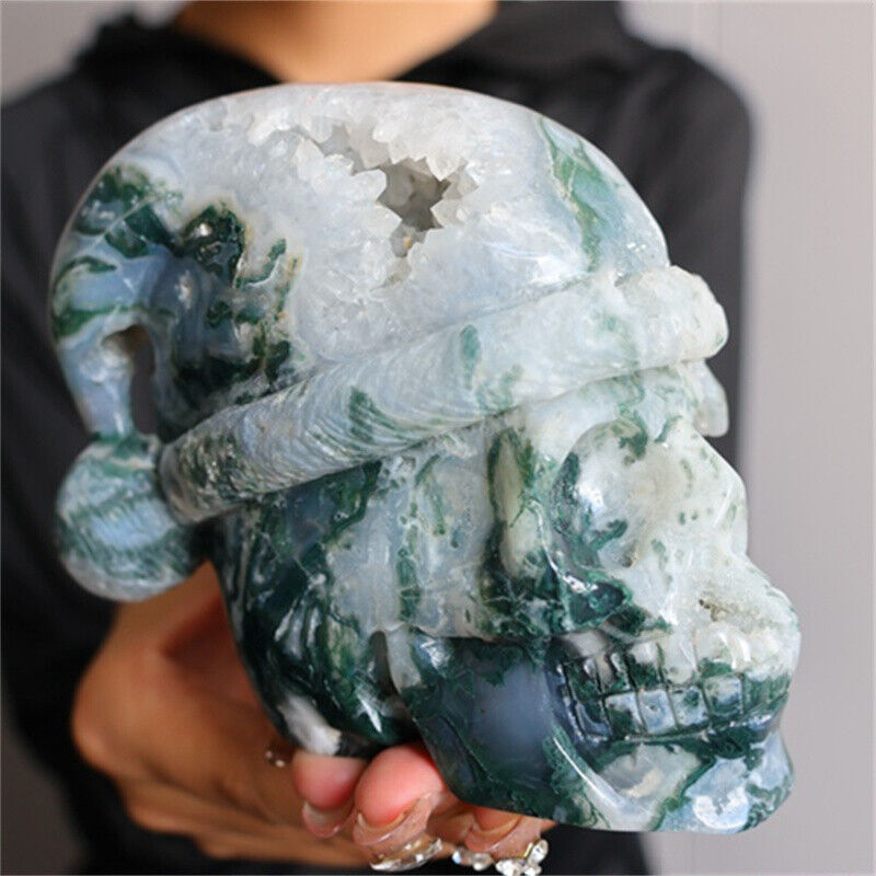 2.64LB Natural Moss Agate Quartz Christmas Skull Carved Crystal Skull Healing