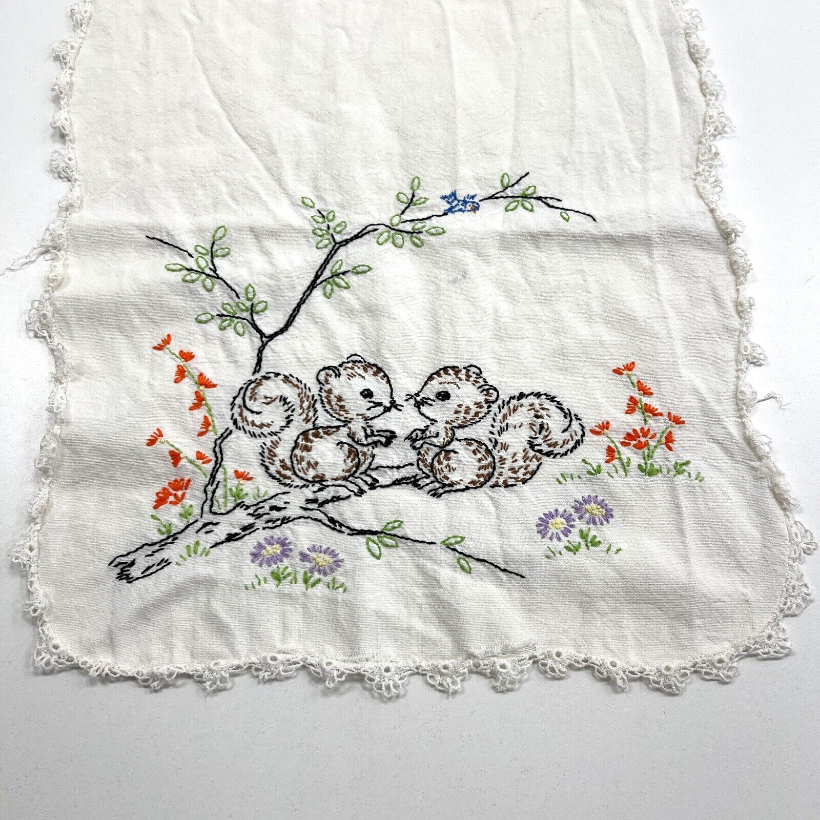 Vintage White Dresser Scarf Hand Embroidered Squirrels Tree Branch 14x34