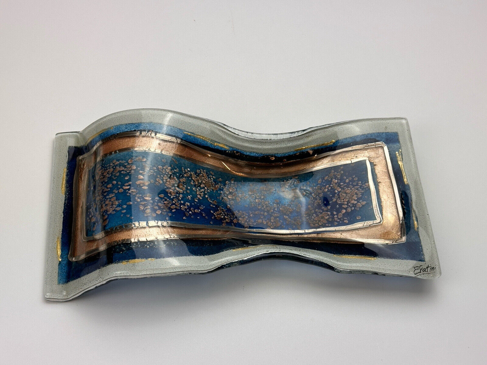 Eratini Hand Crafted In Greece Fused Glass Dish Tray Blue Gold Signed Decorative