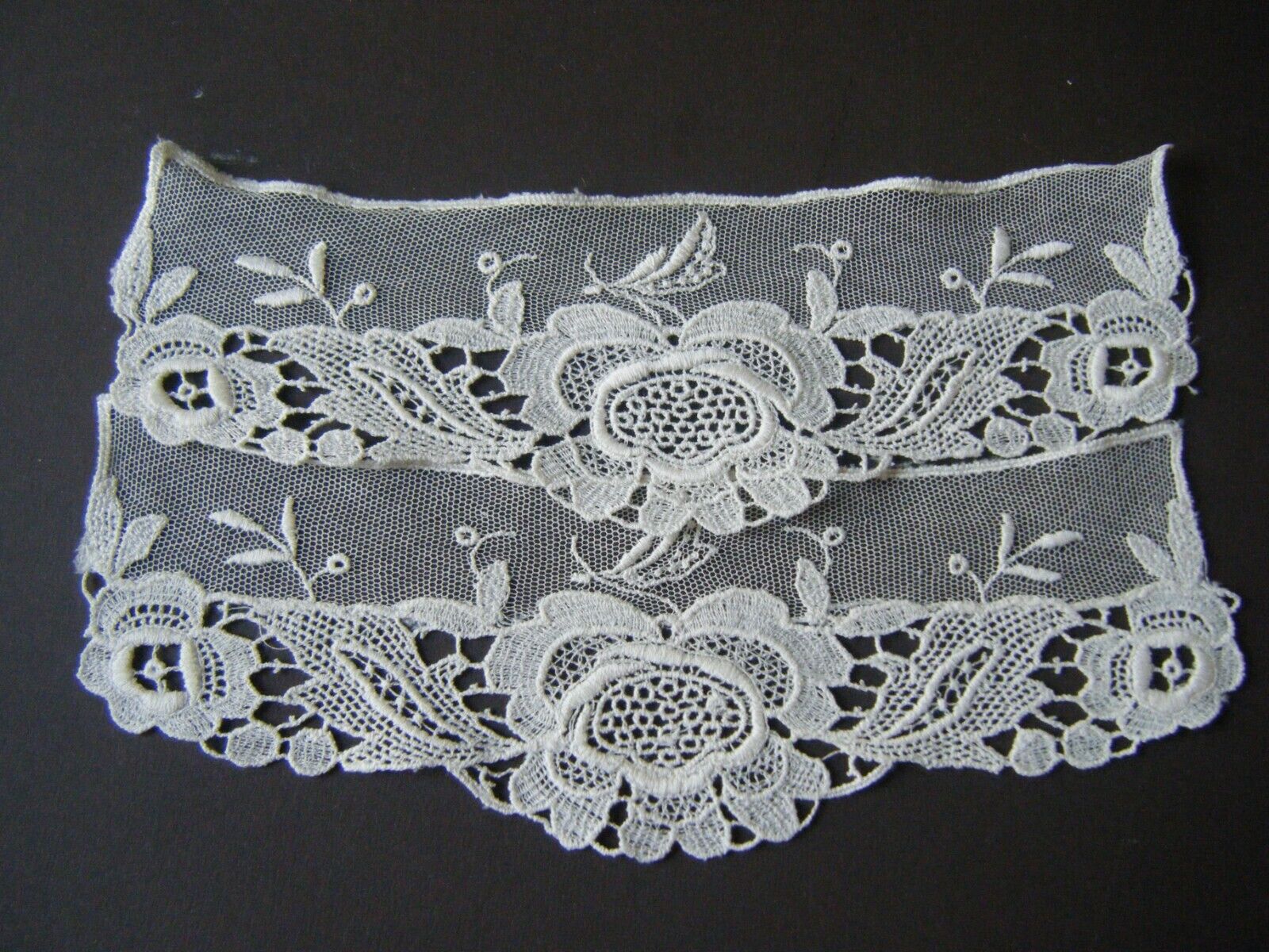 Antique old pair cuffs combo Schiffli mesh lace w 3d rose embroidered design.