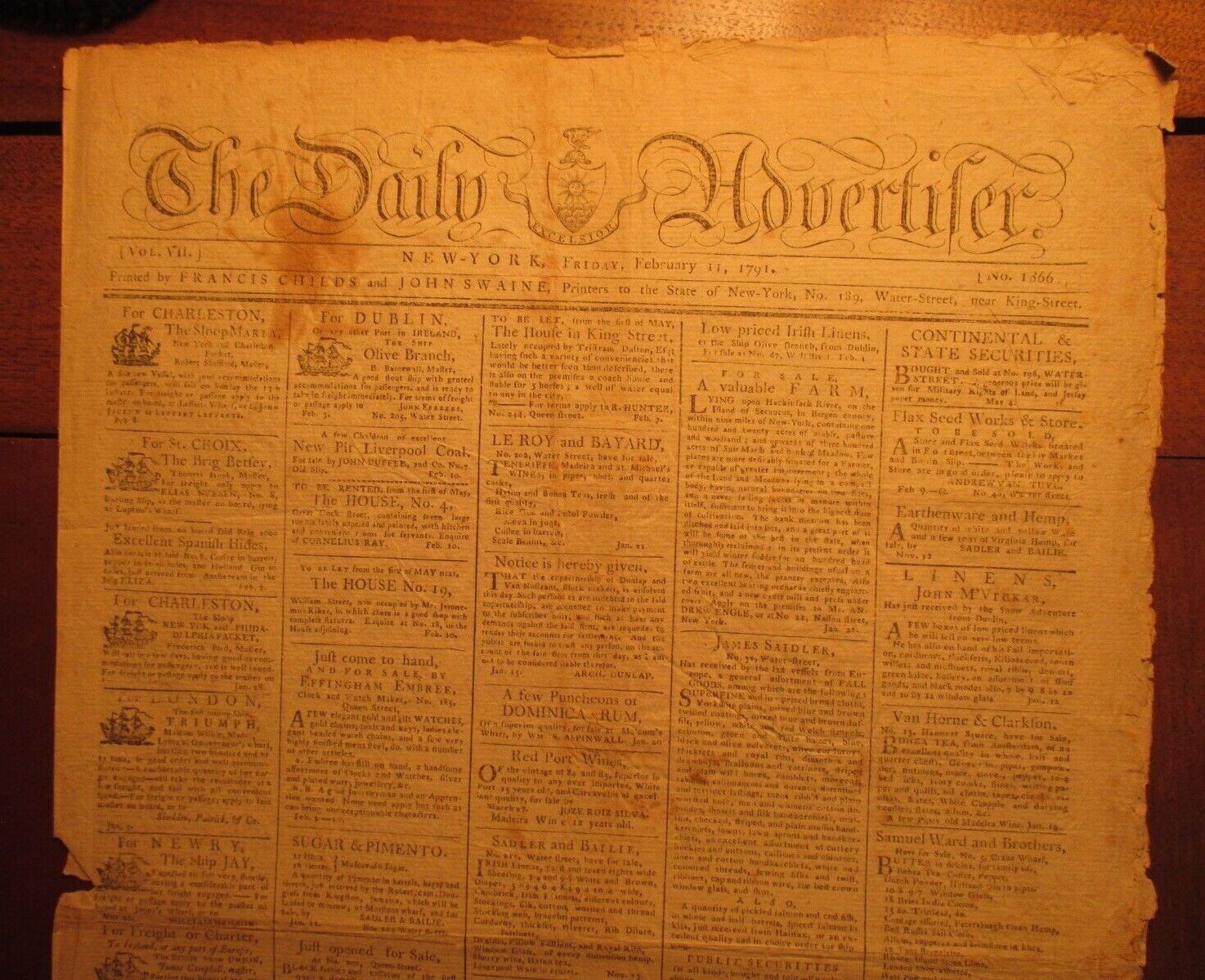  ANTIQUE NEWSPAPER 1791 \