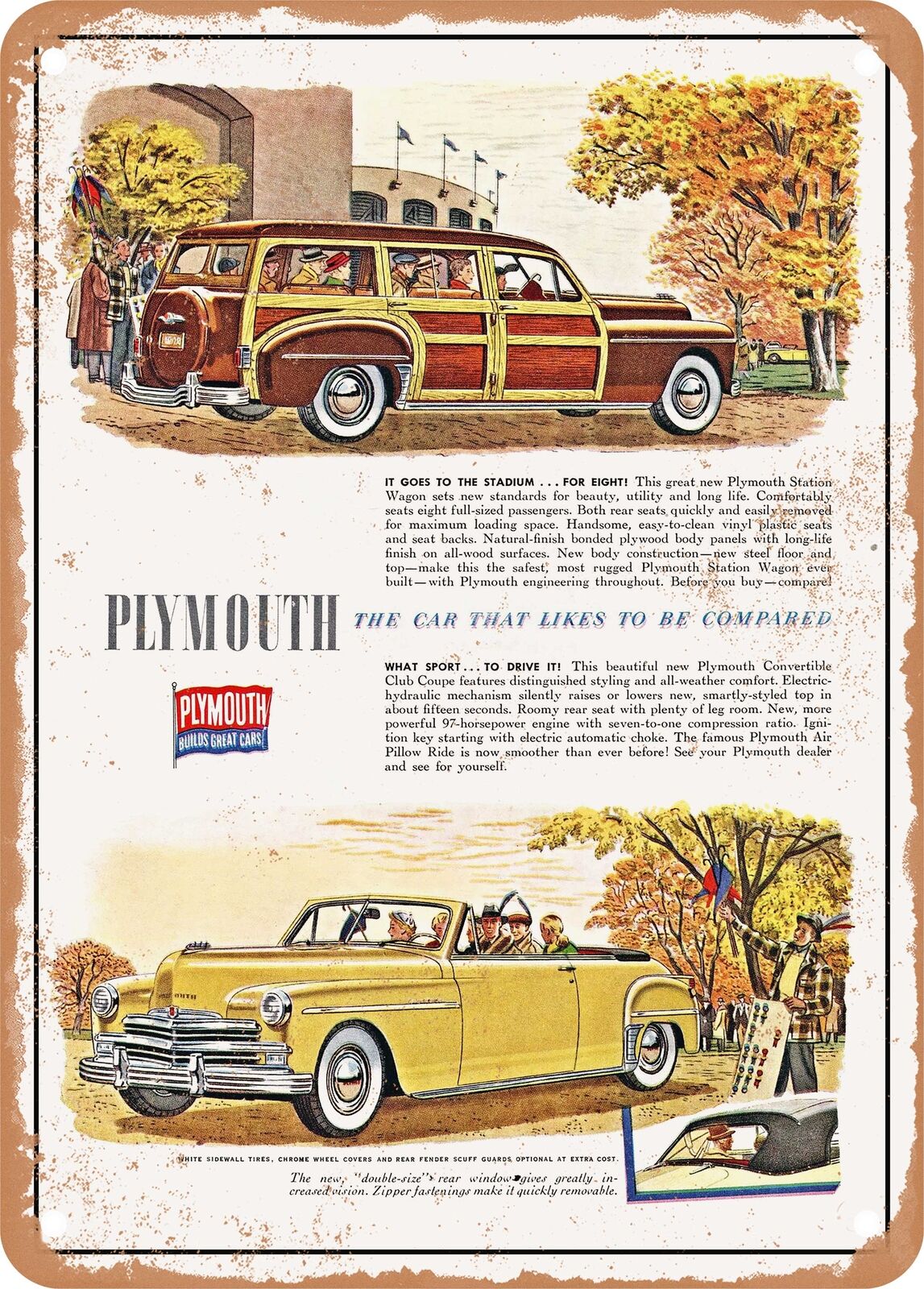METAL SIGN - 1949 Plymouth Station Wagon Convertible Vintage Ad
