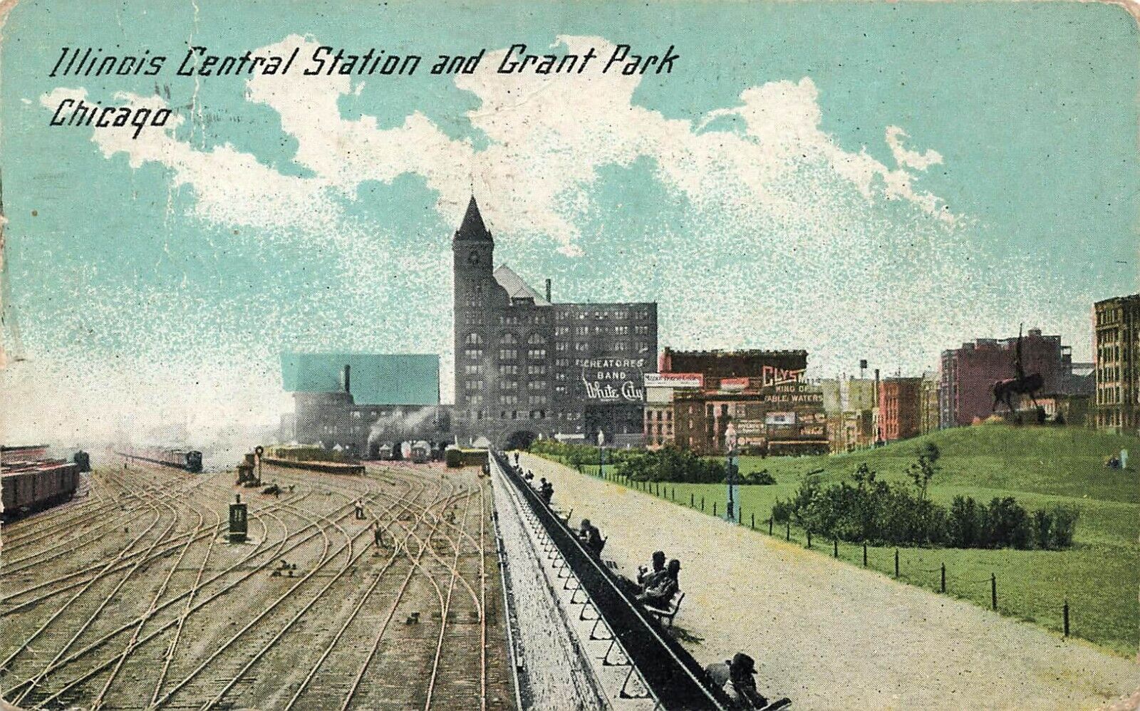 1912 ILLINOIS POSTCARD: TRAINS AT CENTRAL STATION & GRANT PARK, CHICAGO, IL