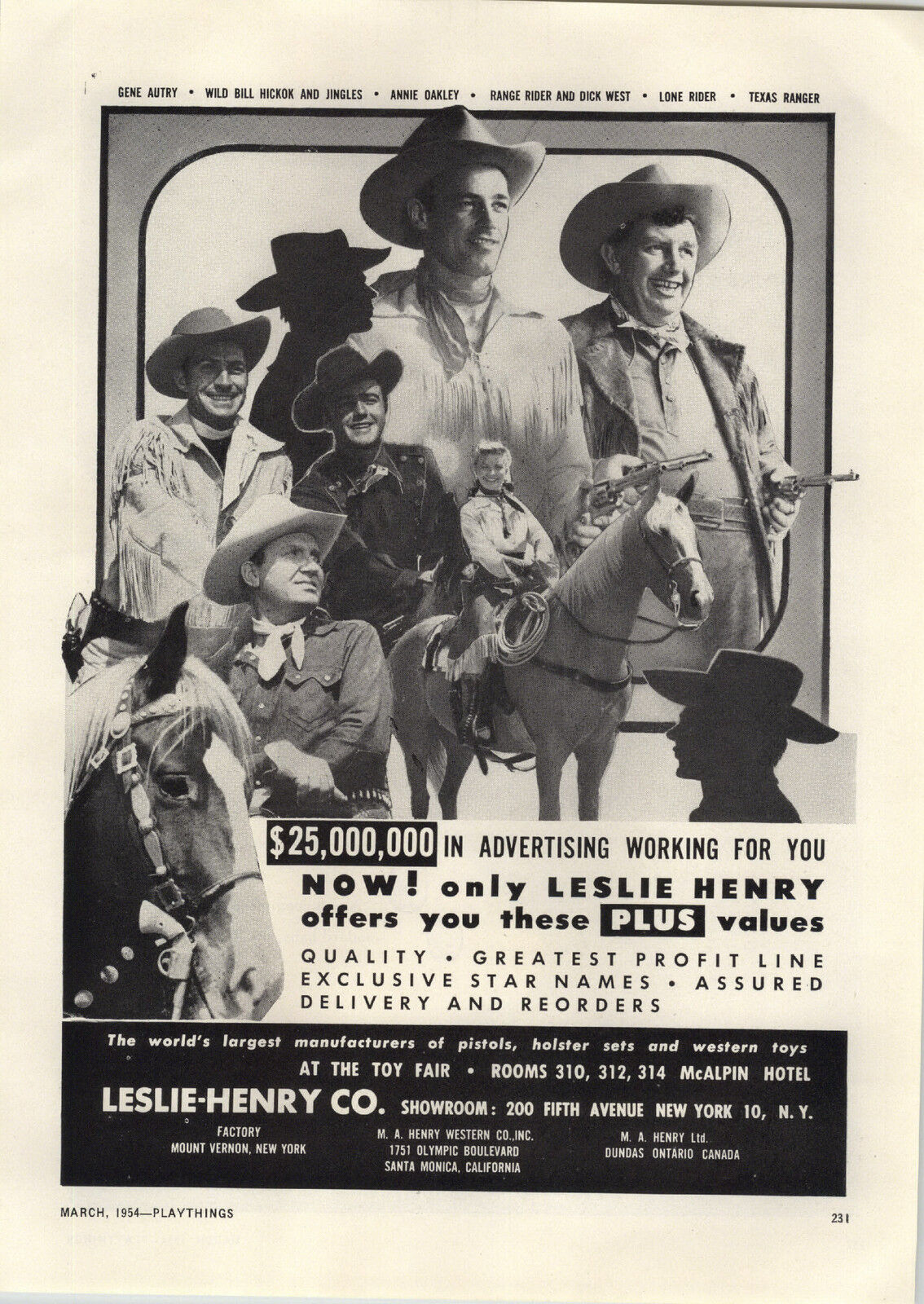 1954 PAPER AD Leslie Henry Toy Cowboy Holster Sets Artistic Eastern Doll Dolls
