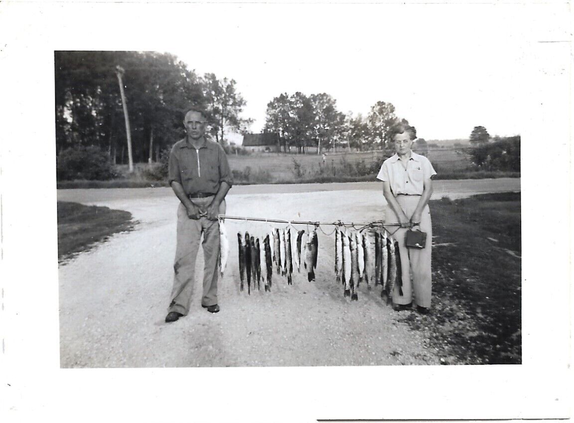 Fishermen And Catch Photograph 1930s Vintage Americana Fishing 2 3/4 x 3 3/4