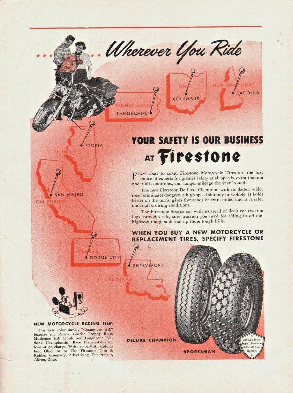 1954 Firestone Motorcycle Tires Movie Champions All Peoria TT & More- Vintage Ad