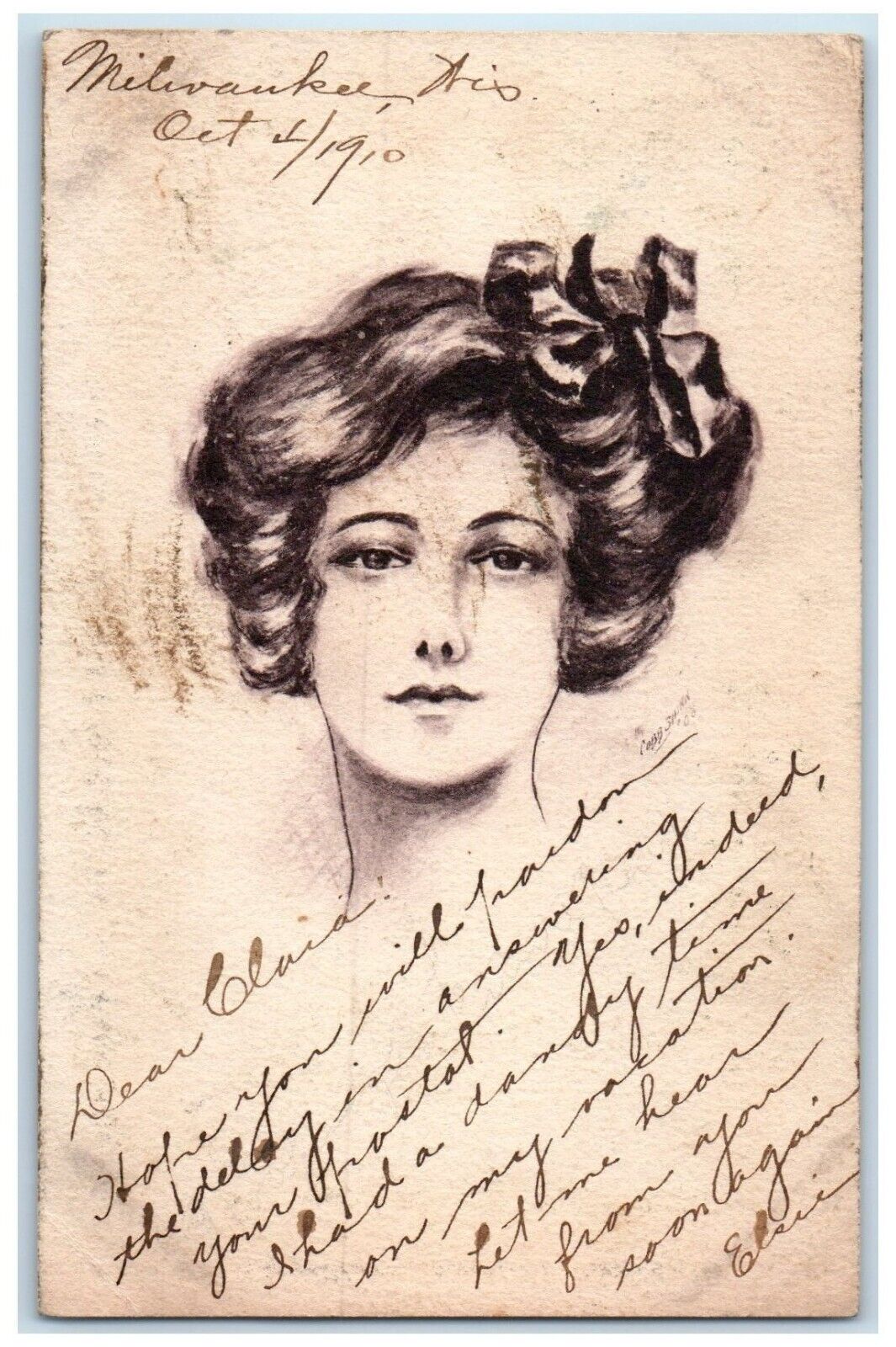 1910 Pretty Woman Curly Hair Milwaukee Wisconsin WI Posted Antique Postcard