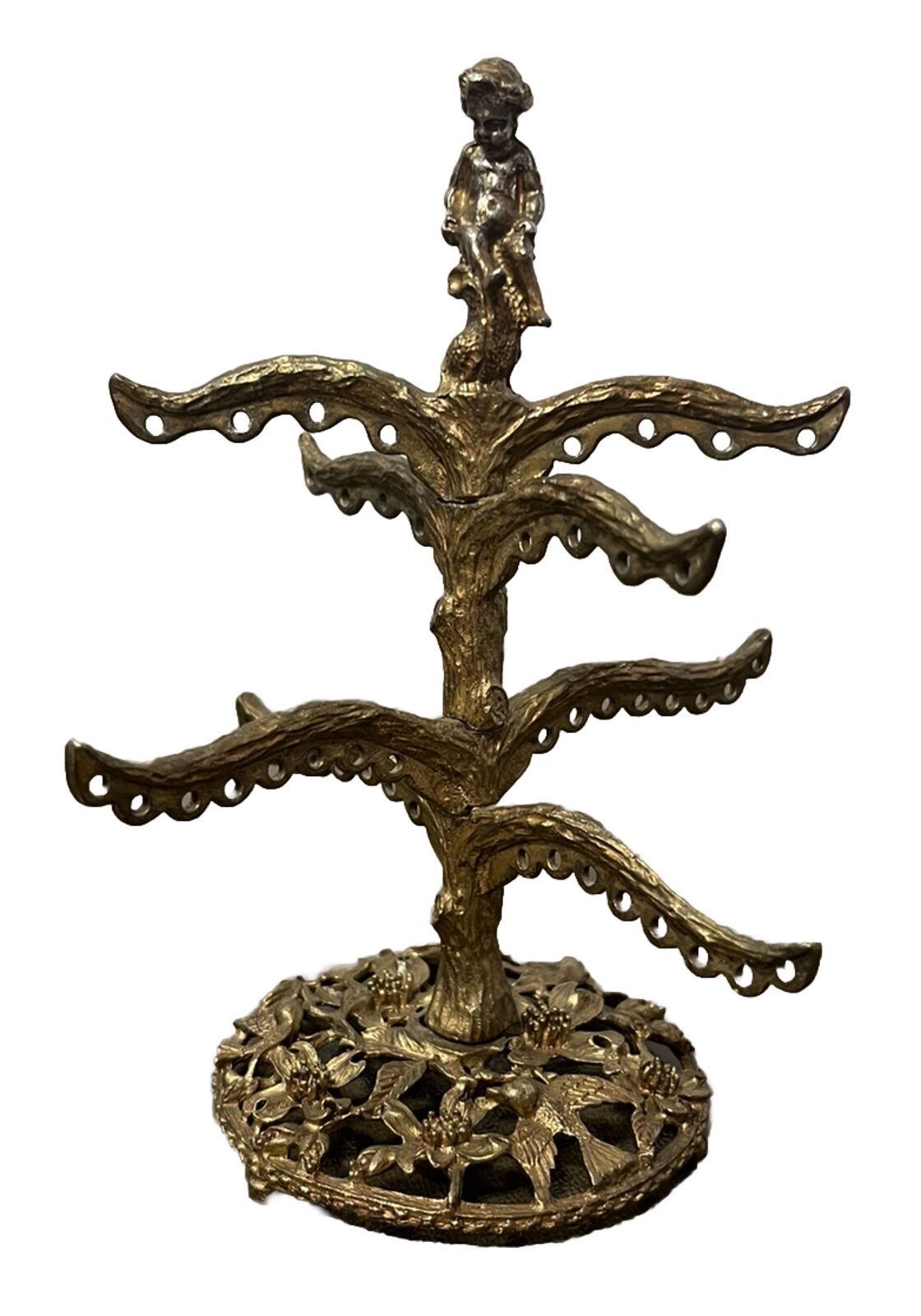 Vintage Metal Tree Earring Holder Stand Birds Flowers Angel Cherub 6.5” x 5”