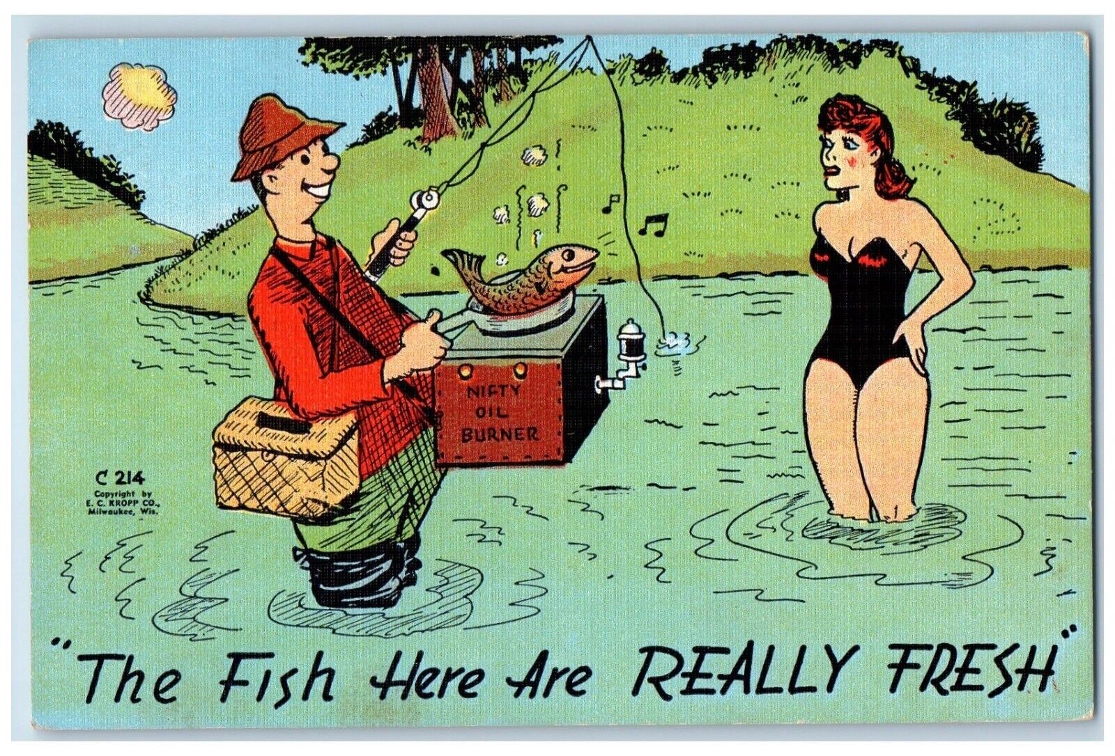 c1930\'s Woman Swimsuit Fishermen Fish Here Are Really Fresh Sycamore IL Postcard