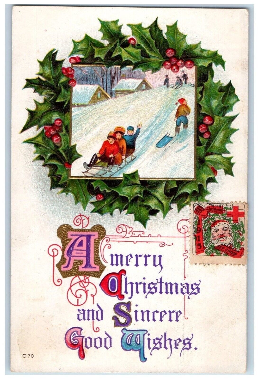 1915 Christmas Children Sleigh Holly Berries Embossed Bridgeport NY Postcard