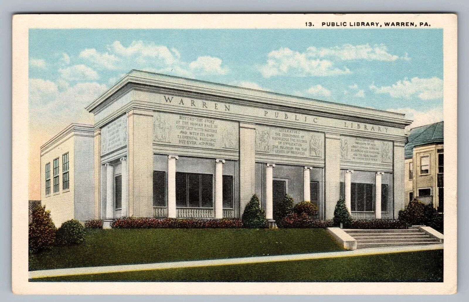 Warren Pennsylvania Warren Public L.ibrary Building PA WB Postcard Vtg A12