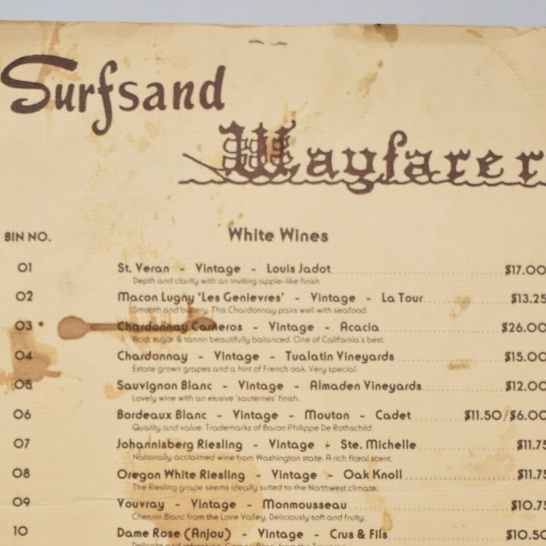 1980s Wayfarer Restaurant Lounge Menu SurfSand Resort Cannon Beach Oregon