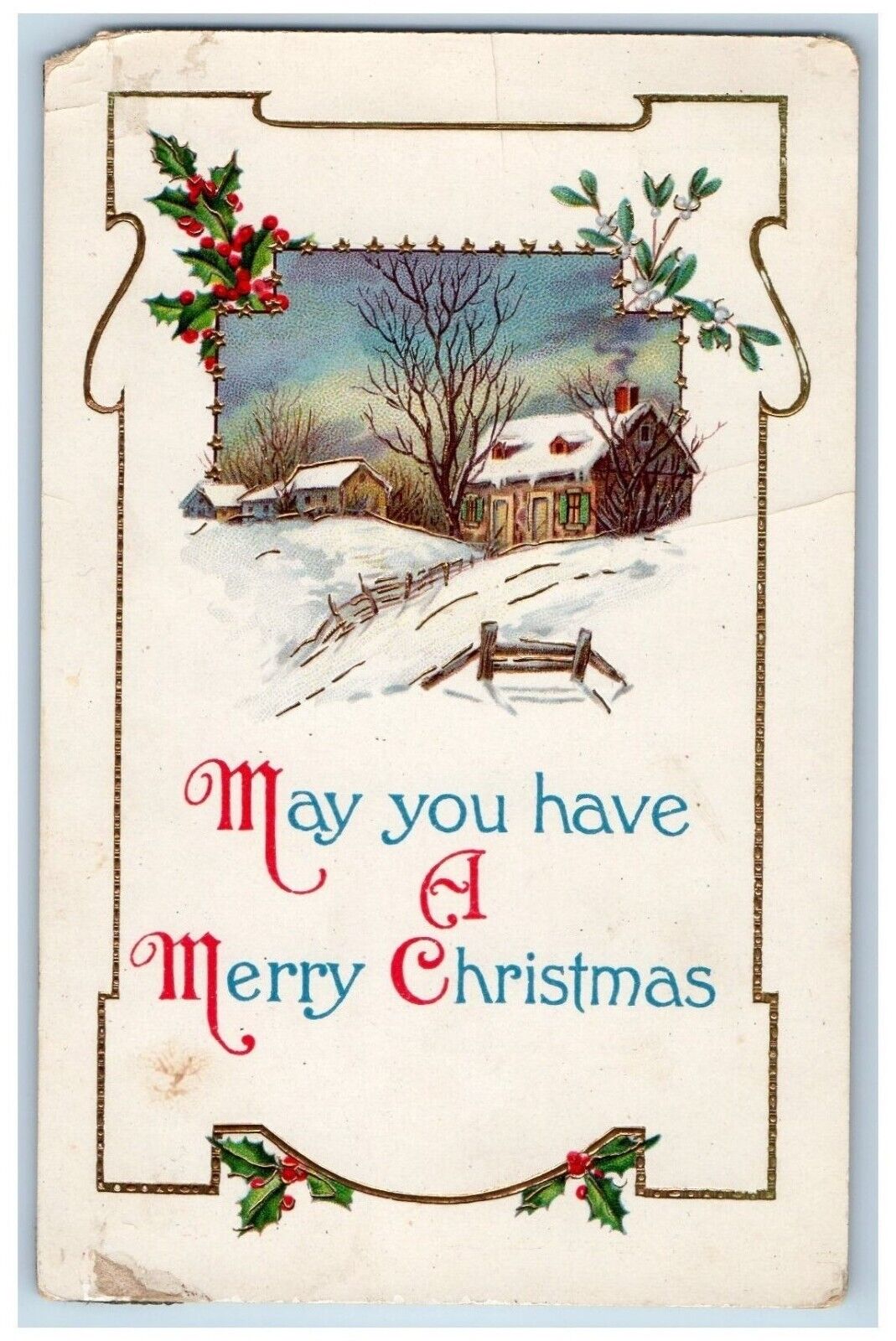 Christmas Postcard Holly Berries House Winter Gel Gold Gilt Embossed c1910\'s