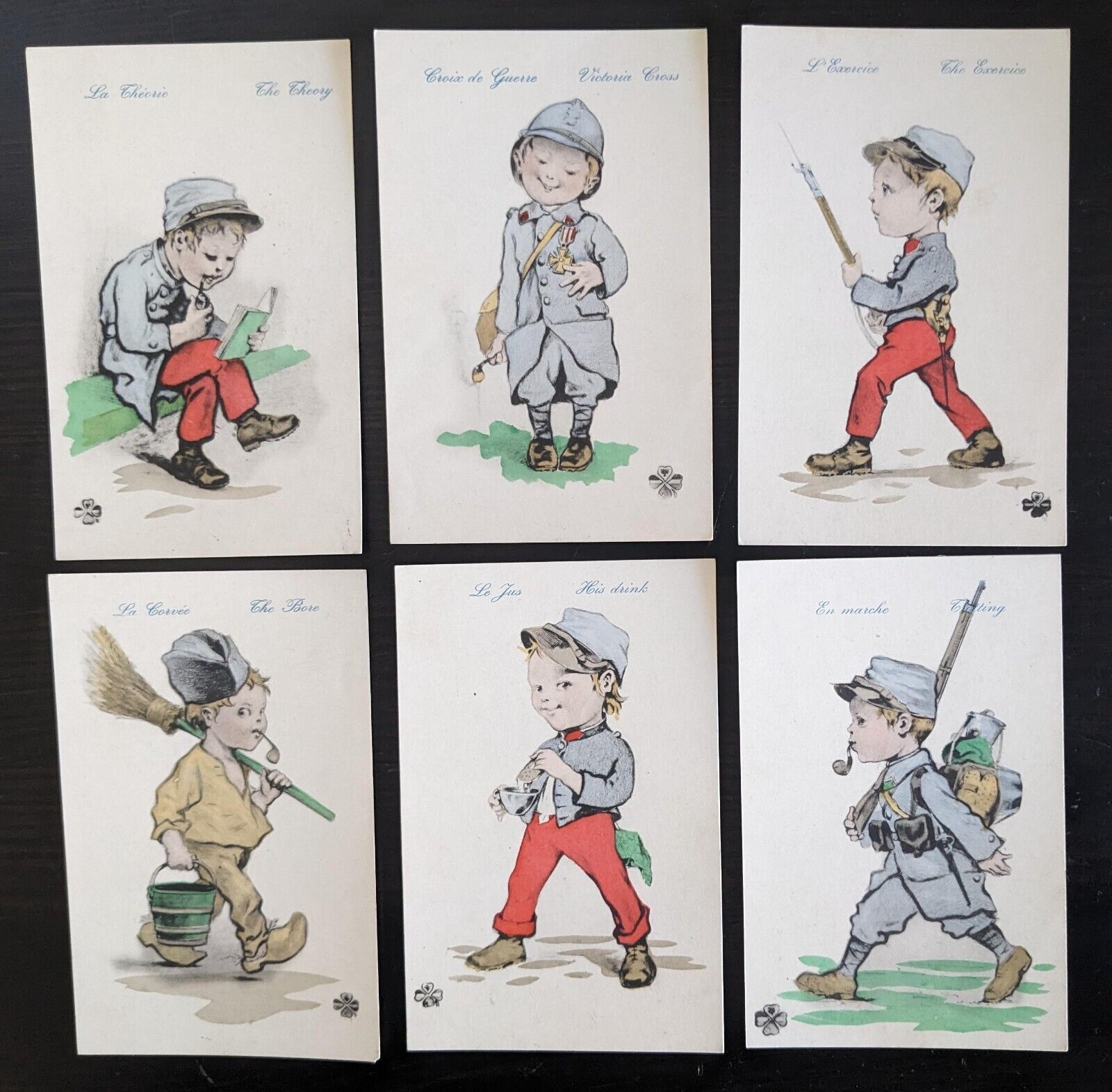WWI Little Boy Portrays French Soldier Activities Gun Saber Set of 6 Postcards