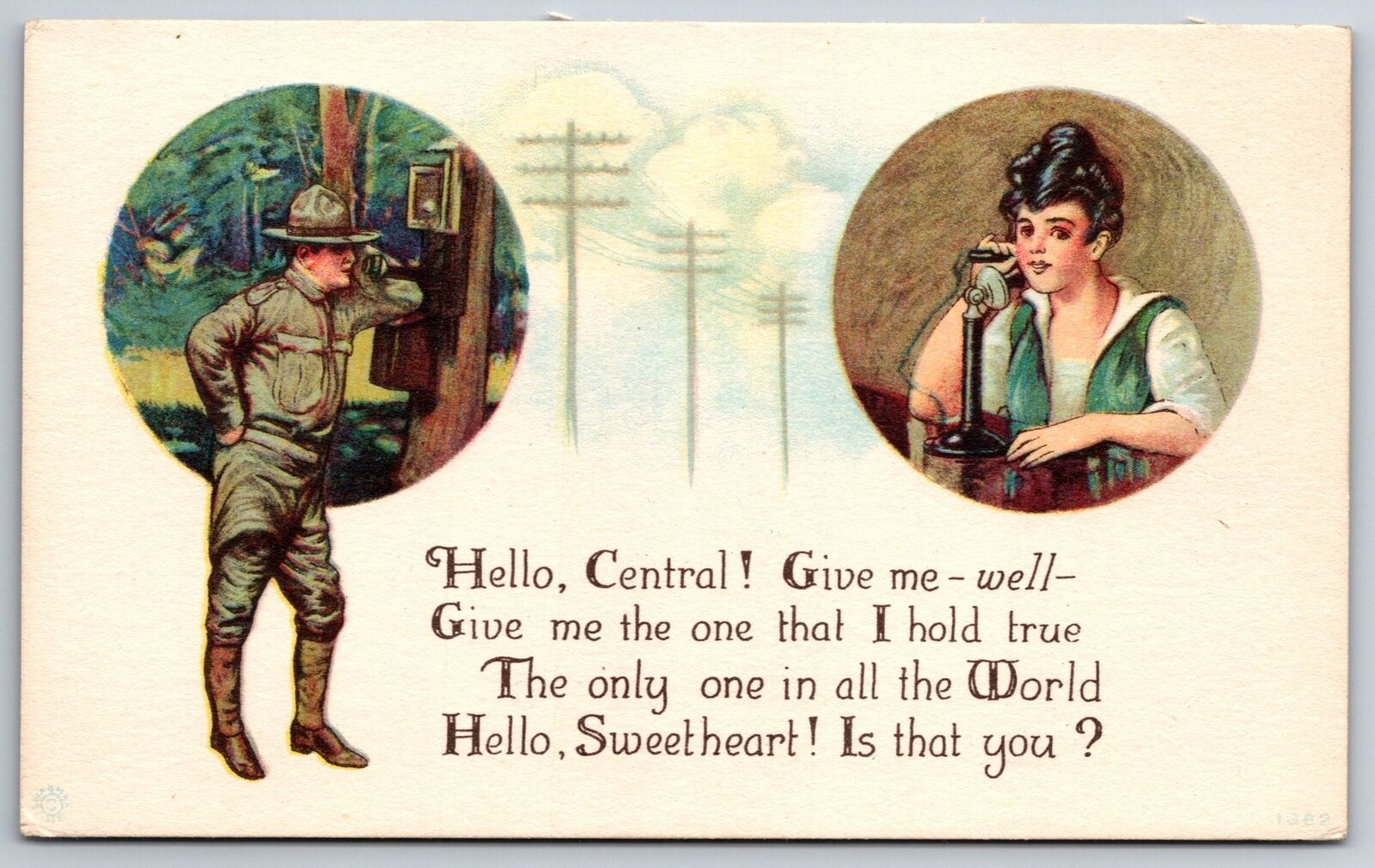 WWI Patriotic~Soldier on Rural Telephone~Lady on Candlestick~Operator~c1918
