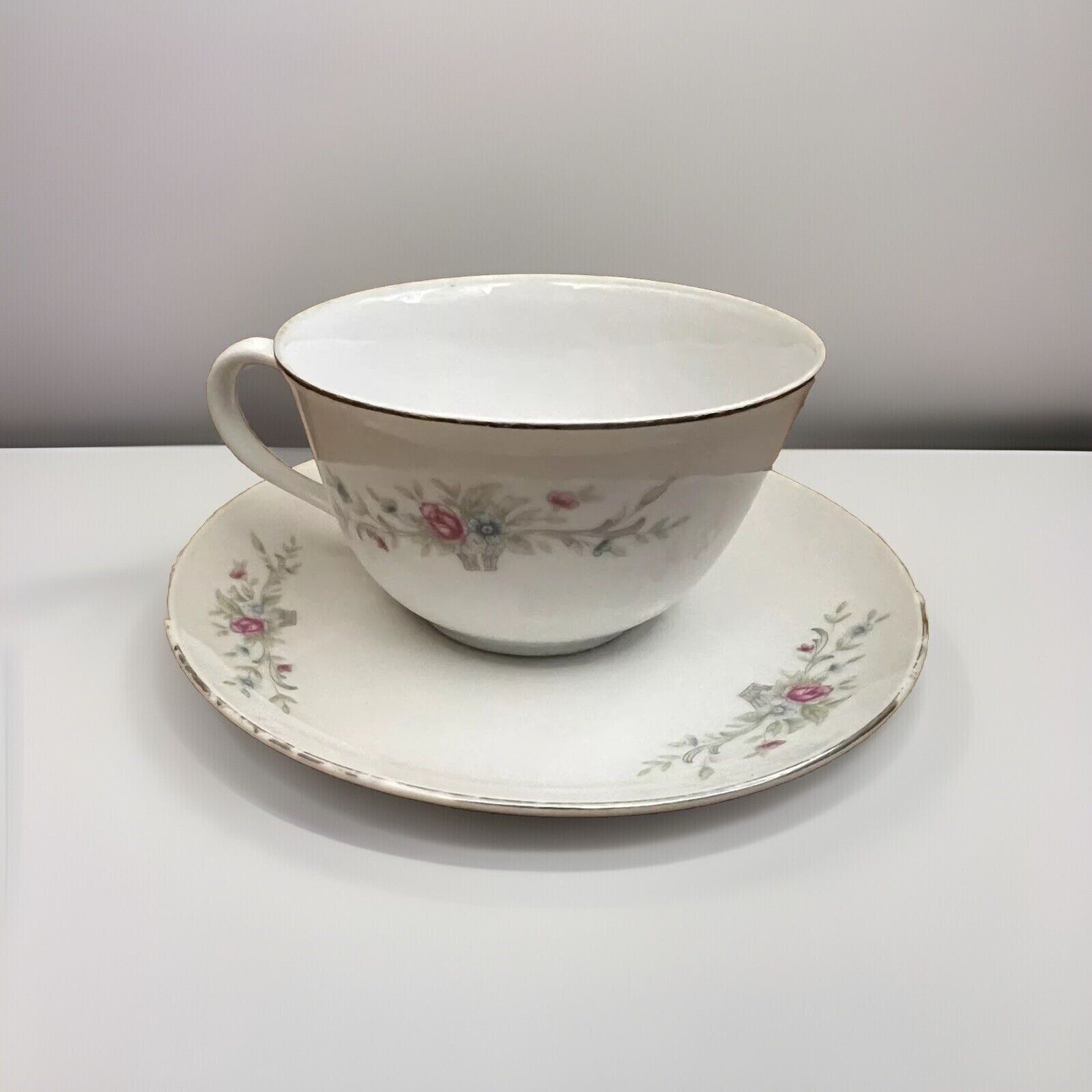 Vintage Florenteen Tea Set Cup & Saucer White Pink Blue Flowers VTG RARE