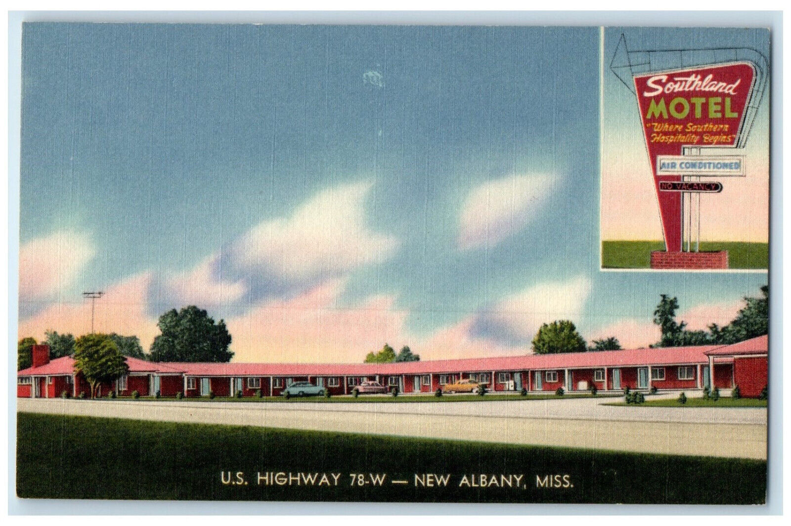 c1950's Southland Motel New Albany Mississippi MS Vintage Unposted Postcard