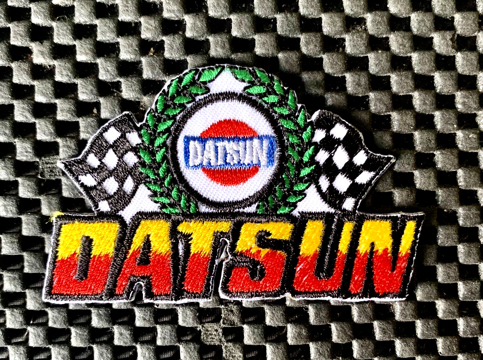 DATSUN WITH CHECKERED FLAGS WREATH EMBROIDERED SEW ON PATCH NISSAN 3\