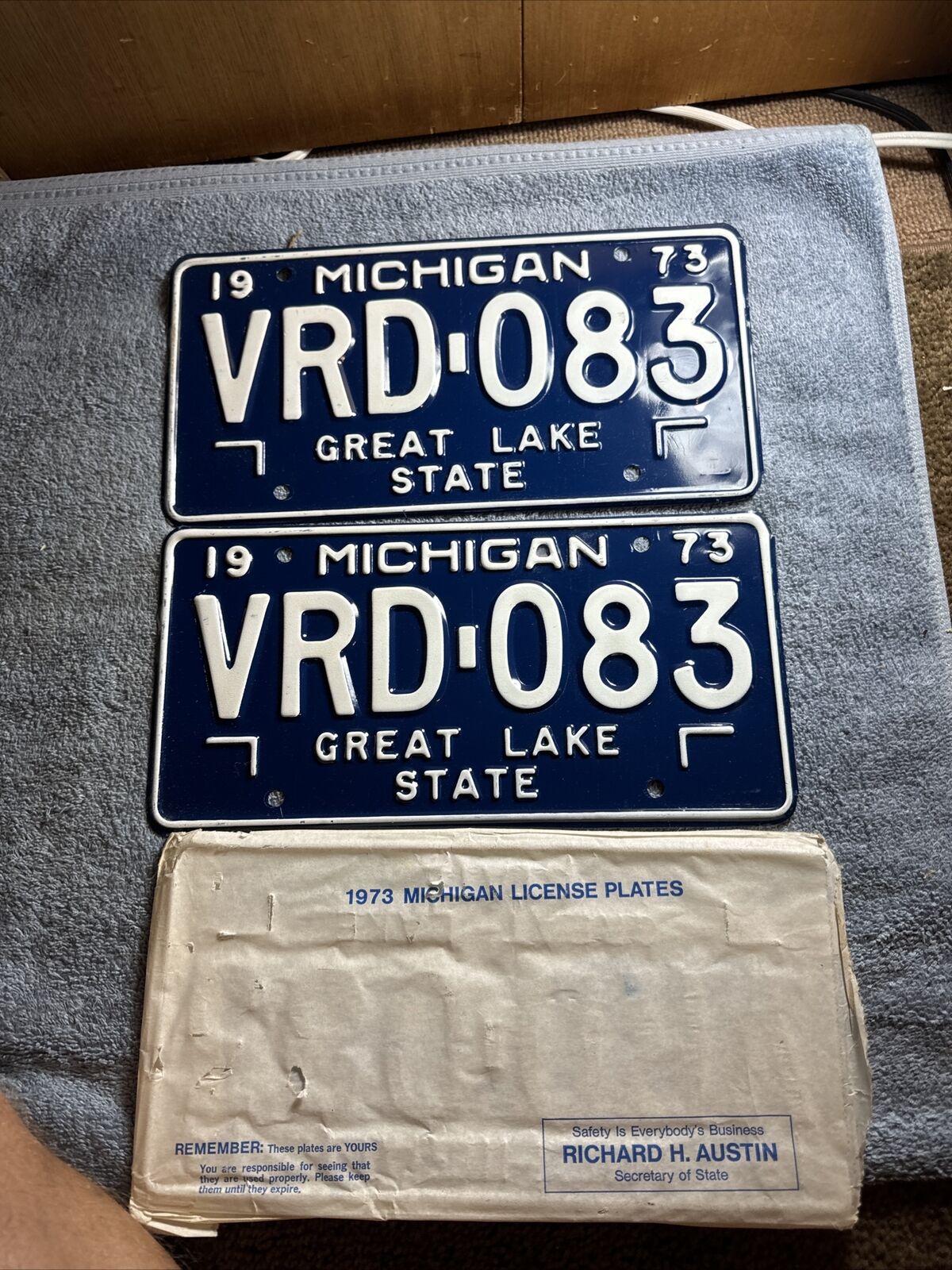 1973 Michigan License Plate Pair VRD-083 Great Lake State New Old Stock