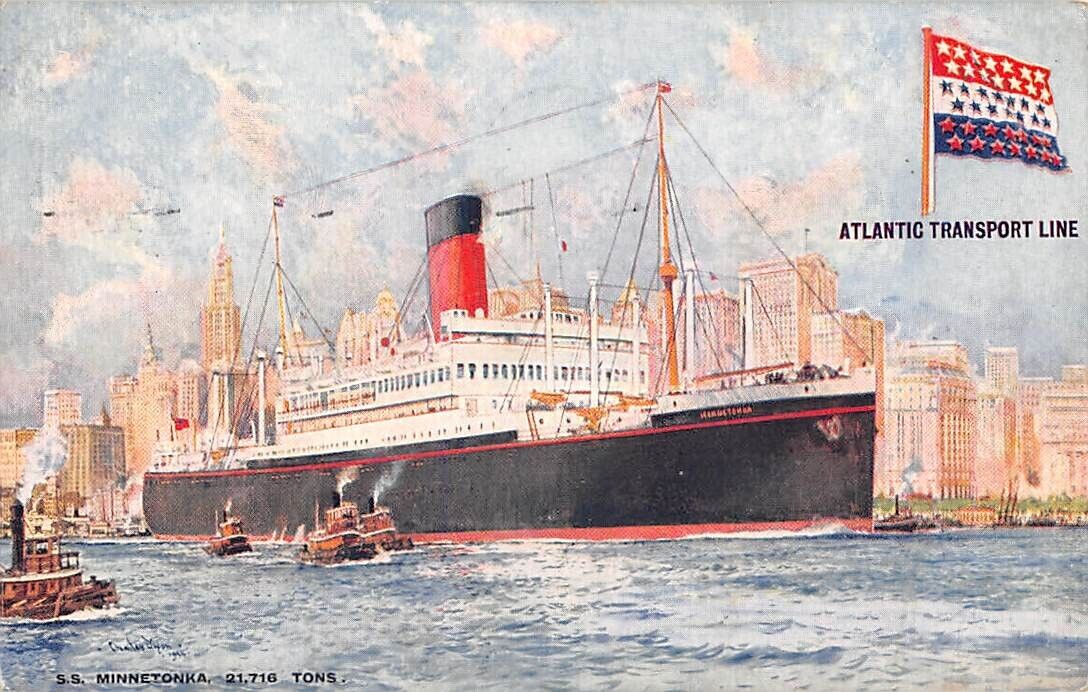 SS MINNETONKA IN HARBOR, ATLANTIC TRANSPORT LINE, ARTIST IMAGE ~ used USA 1933
