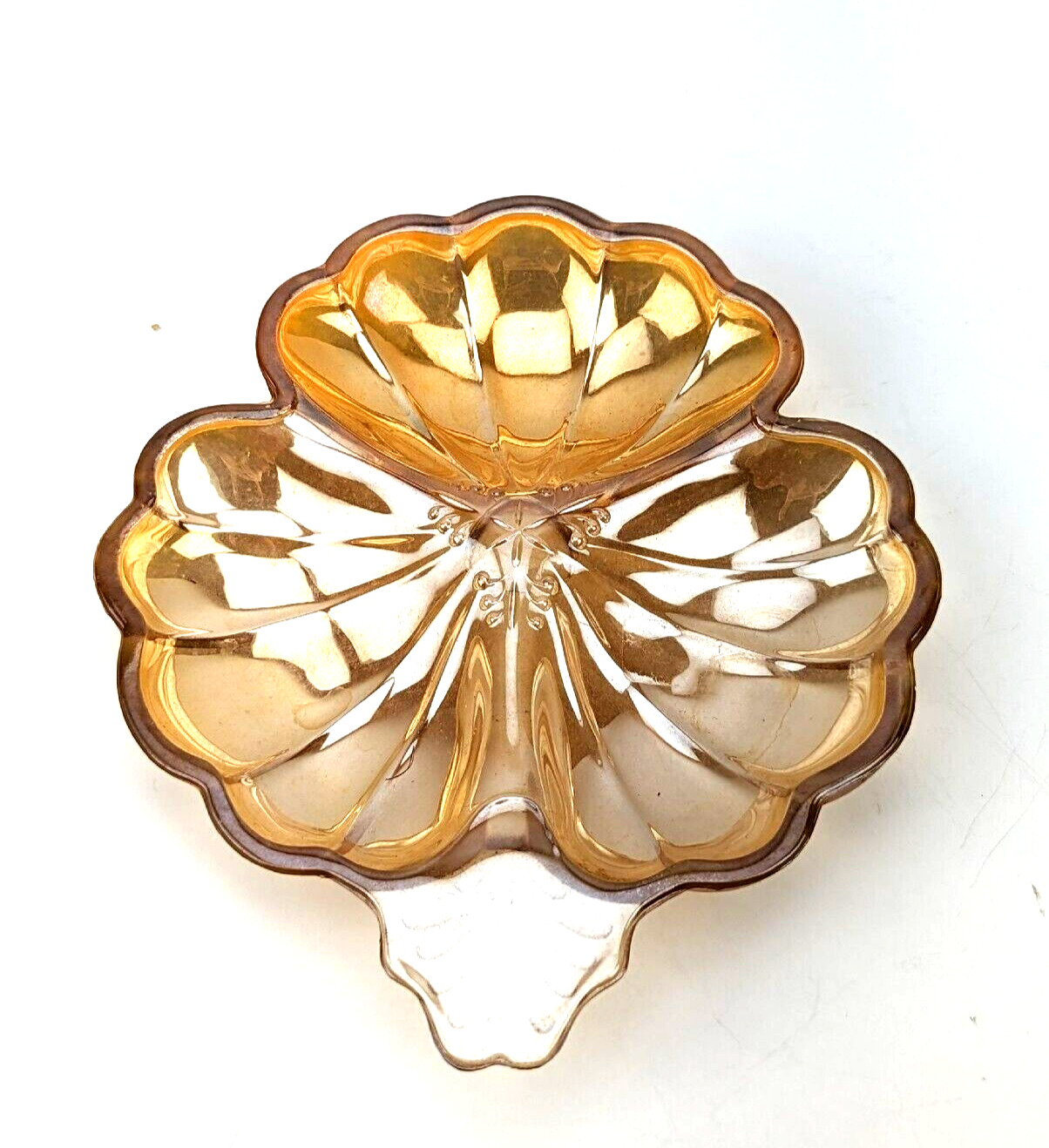 Vintage Jeanette Carnival Glass Marigold Three Leaf Clover Candy Nut Dish 7”