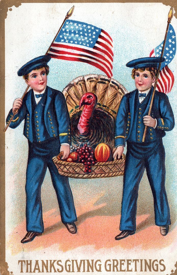 THANKSGIVING - Flag Carrying Children Carrying Turkey Patriotic Postcard