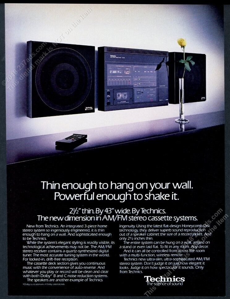 1984 Technics thin stereo system hanging on wall photo vintage print ad
