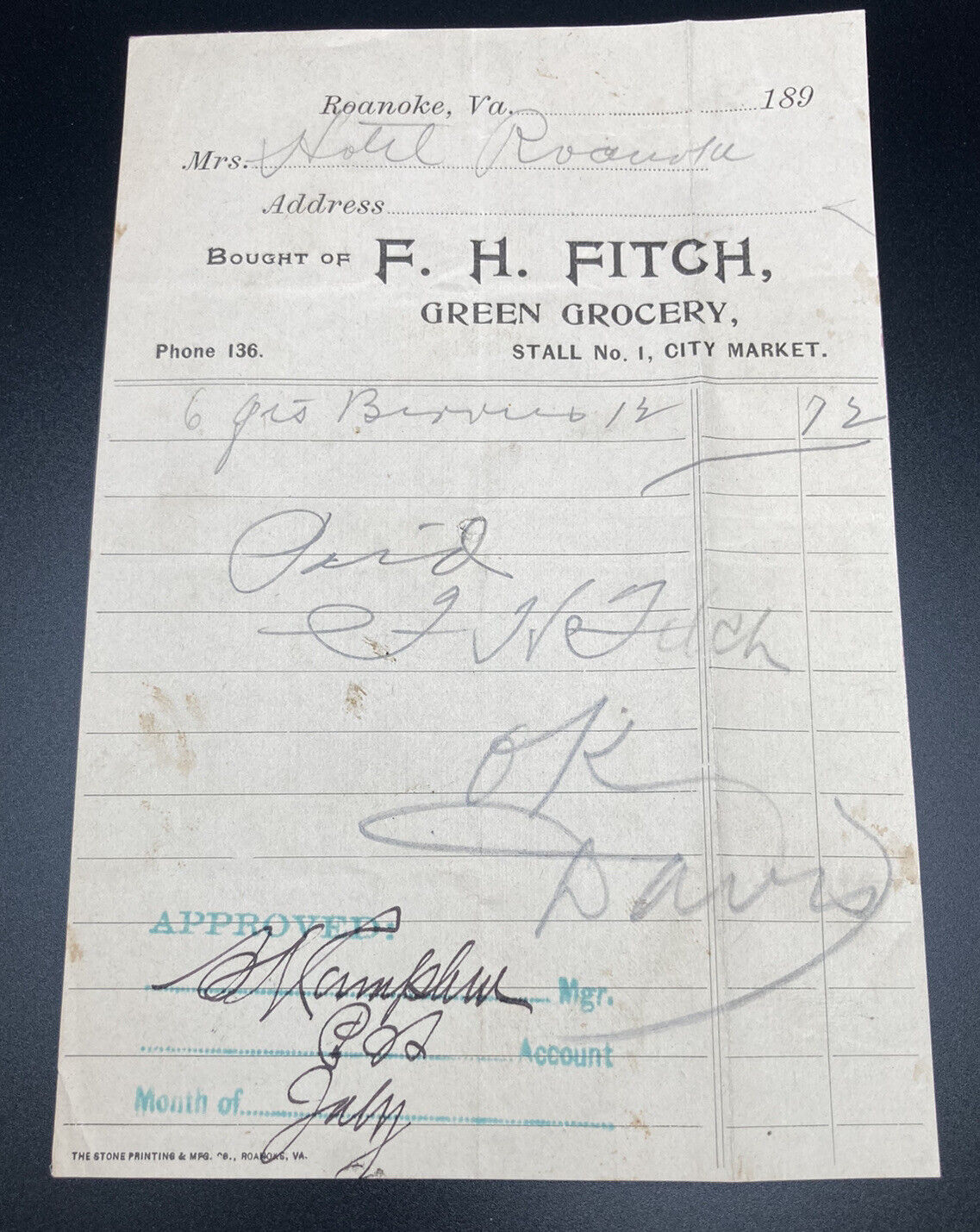 c1890s Hotel ROANOKE Purchase Receipt From F. H. Fitch Green Grocery In VIRGINIA