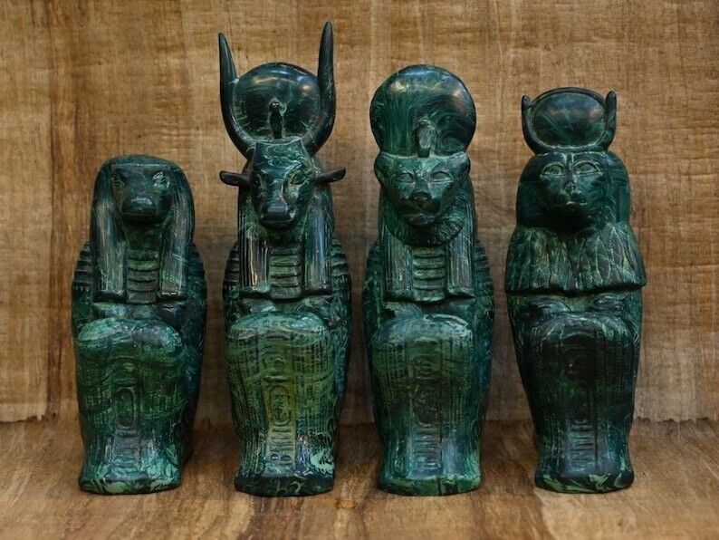 Rare Antique Egyptian God Statues Set - Hathor, Sekhmet, Thoth, Sobek - Finest