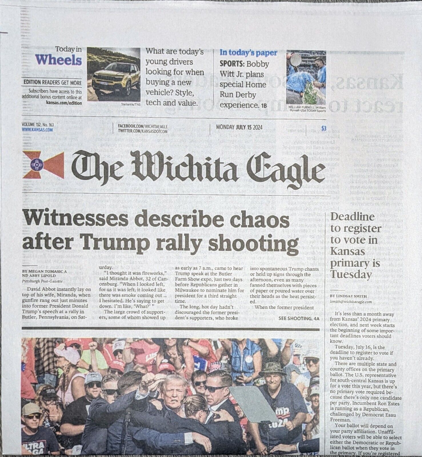 ☑️Donald Trump Rally Shooting Local Wichita Eagle Newspaper, July 15 2024 New. 