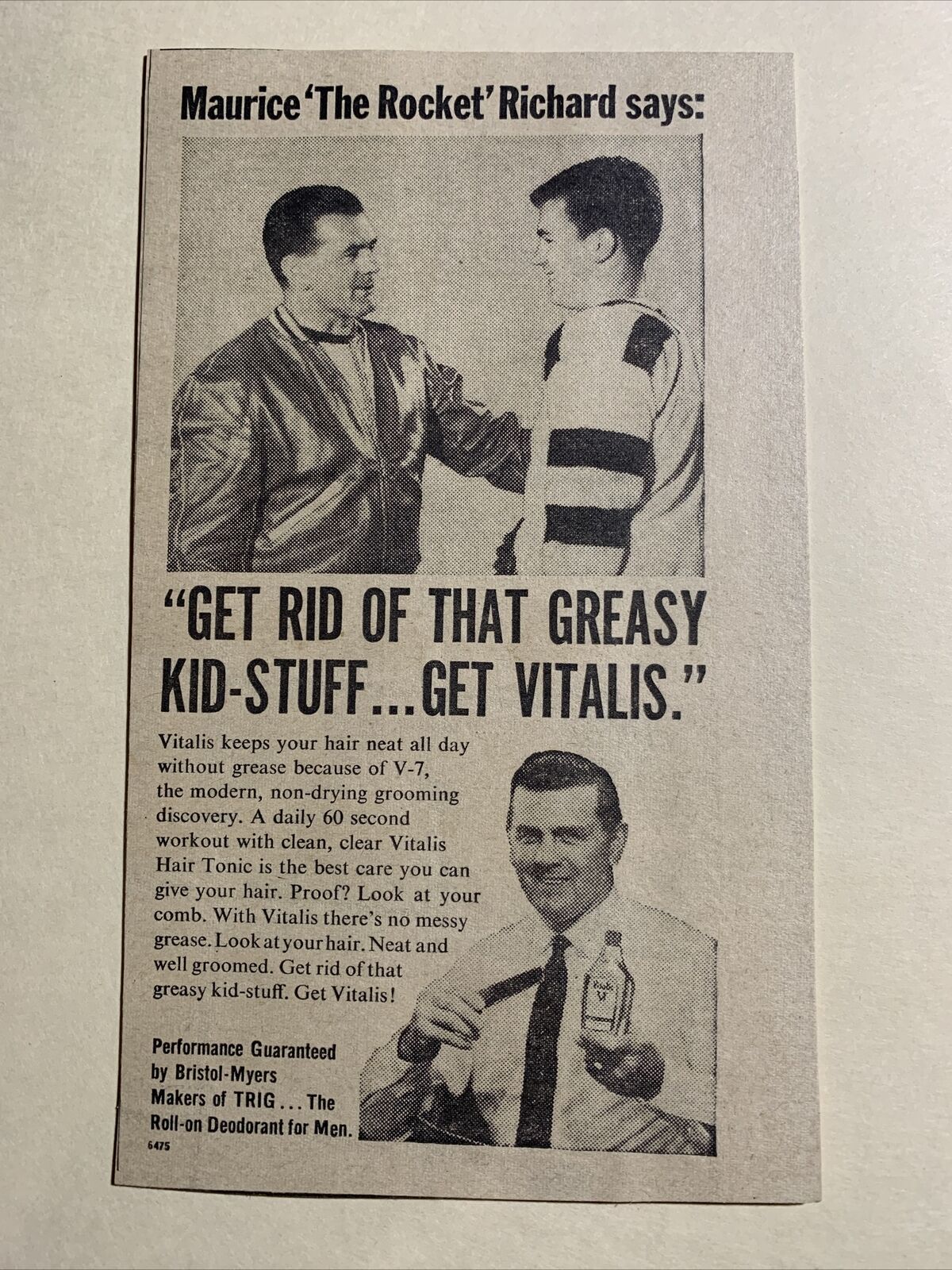 Vitalis Hair Tonic Maurice Richard Canadiens 1962 Sporting News Hockey 4X7 Ad