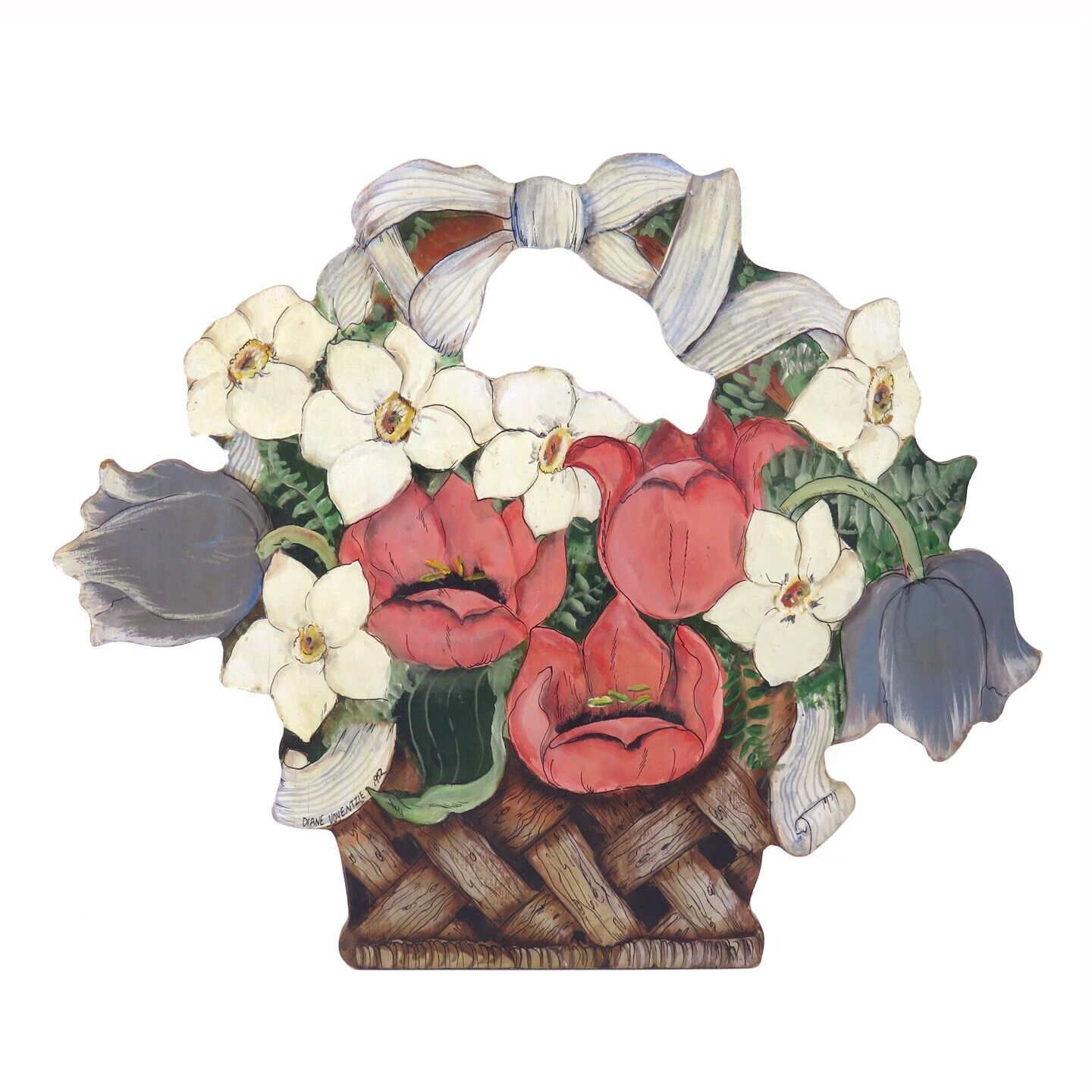 1982 Diane Voyentzie ORIGINAL Painting on Wood Tulip FLOWER BASKET Dummy Board