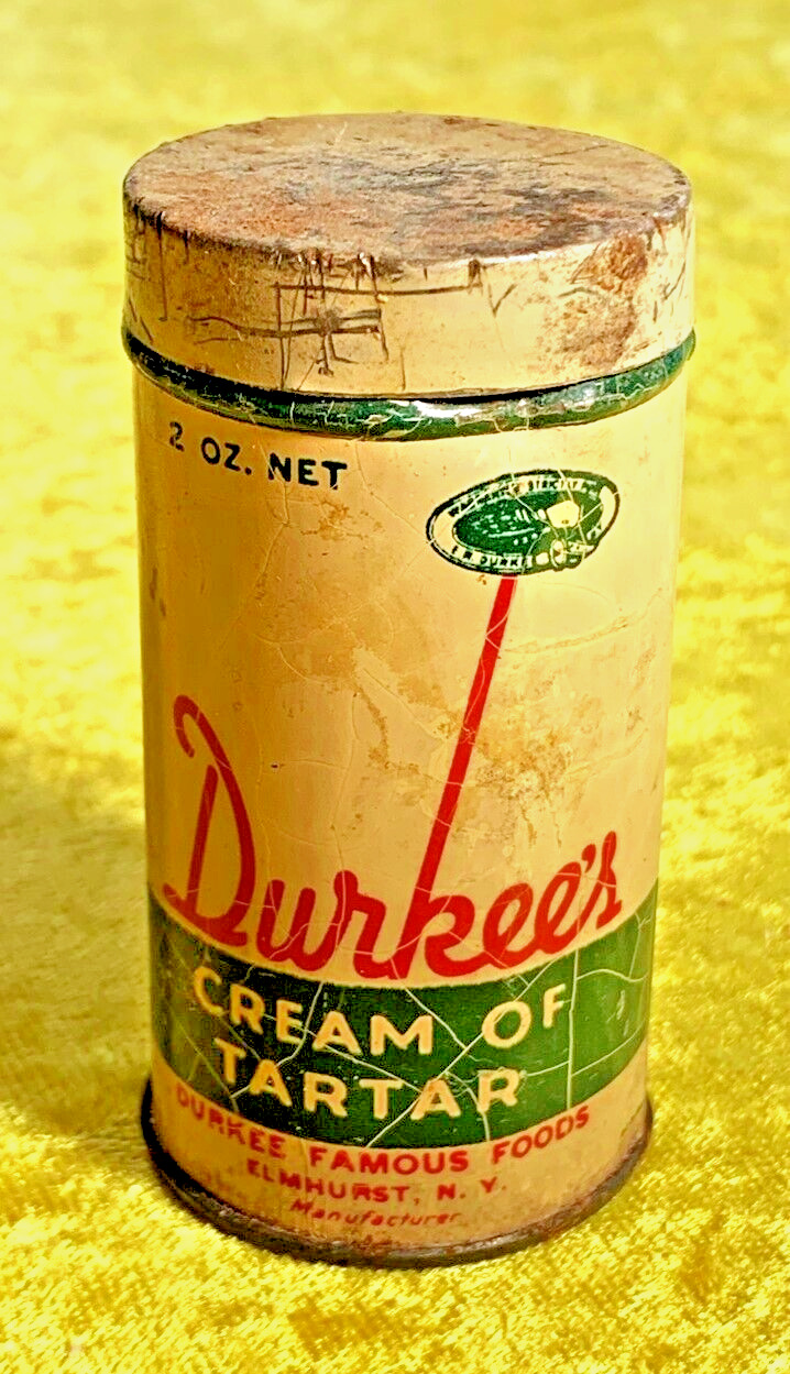 Vintage Durkee\'s CREAM OF TARTAR, Opened Partial 2 Oz Net, Litho Tin, 1950\'s