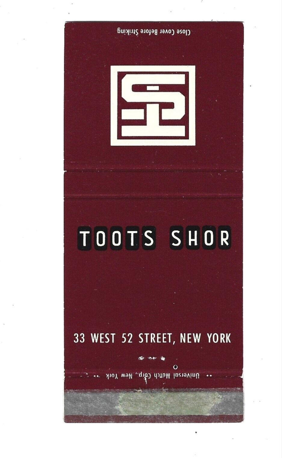 Toots Shor Restaurant - NYC Matchcover