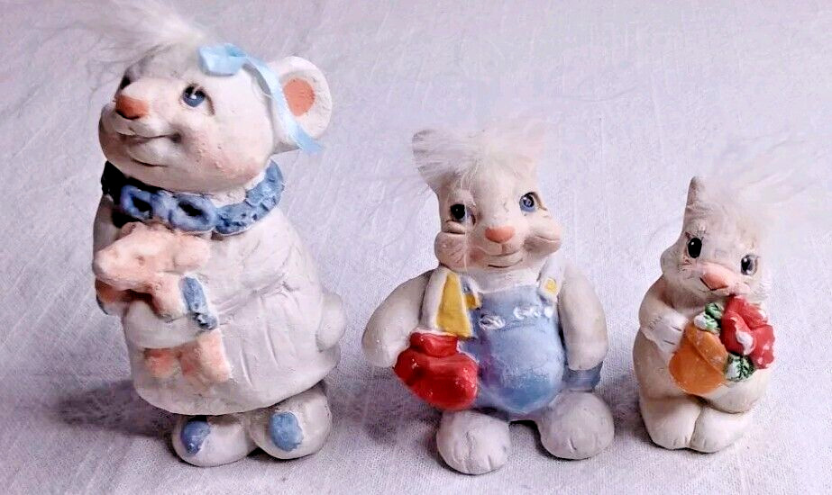 Vintage Kristen Cast Art Clay Handmade Figurines Bunny Rabbits & Mouse 4\