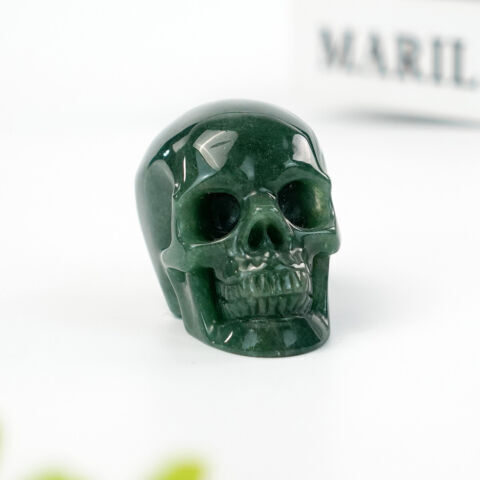 Green Aventurine Quartz Stone Realistic Skull Hand Carved Natural Crystal Statue