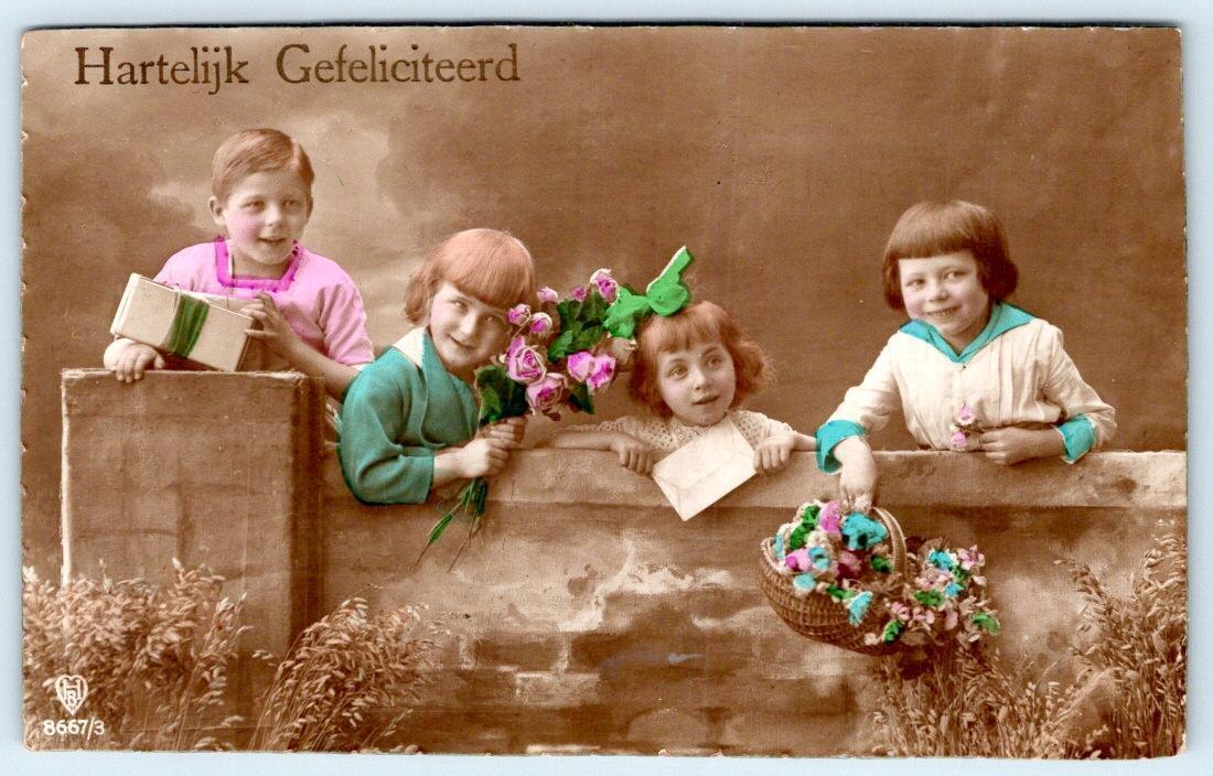 1910\'s RPPC CONGRATULATIONS HARTELIJK GEFELICITEERD 4 CHILDREN DUTCH POSTCARD