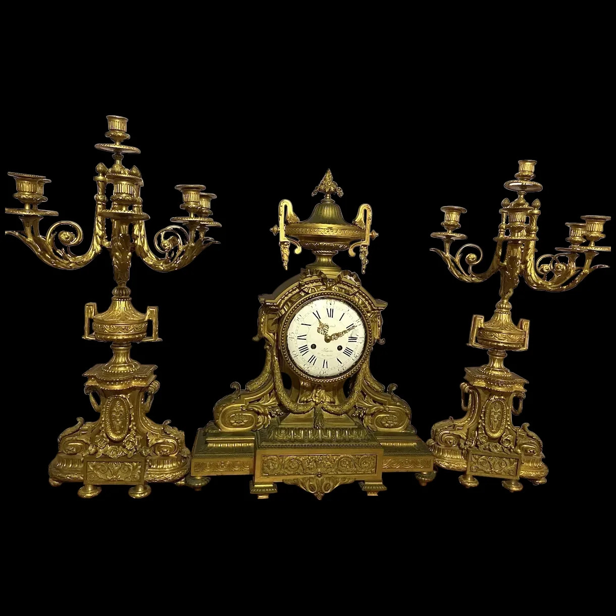 Exquisite 19th Century Napoleon III Ormolu Table/Mantel Clock & Candelabra Set