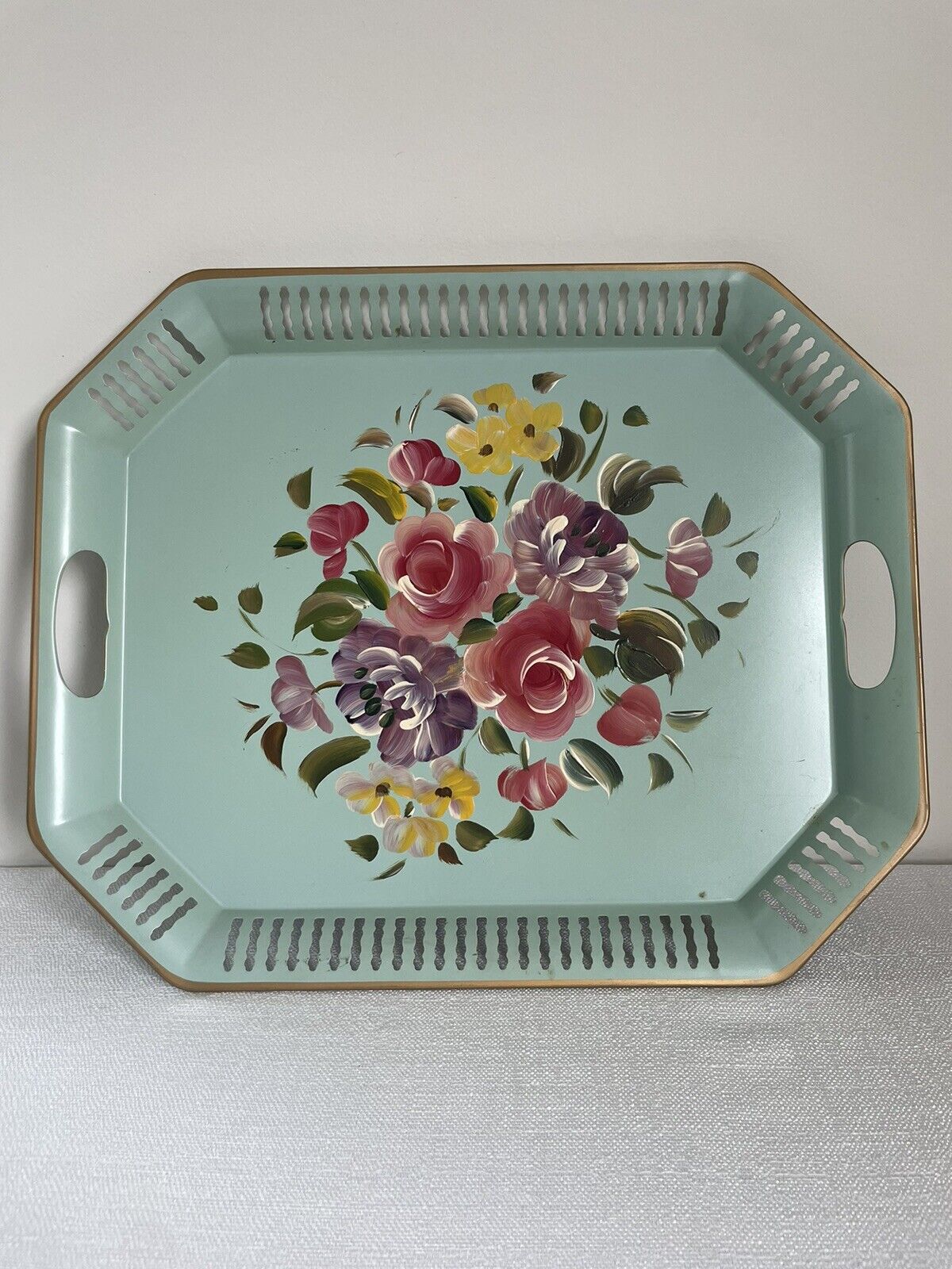 Vintage Hand Painted Turquoise Toleware Roses Cut Metal Tray 17 X  14”