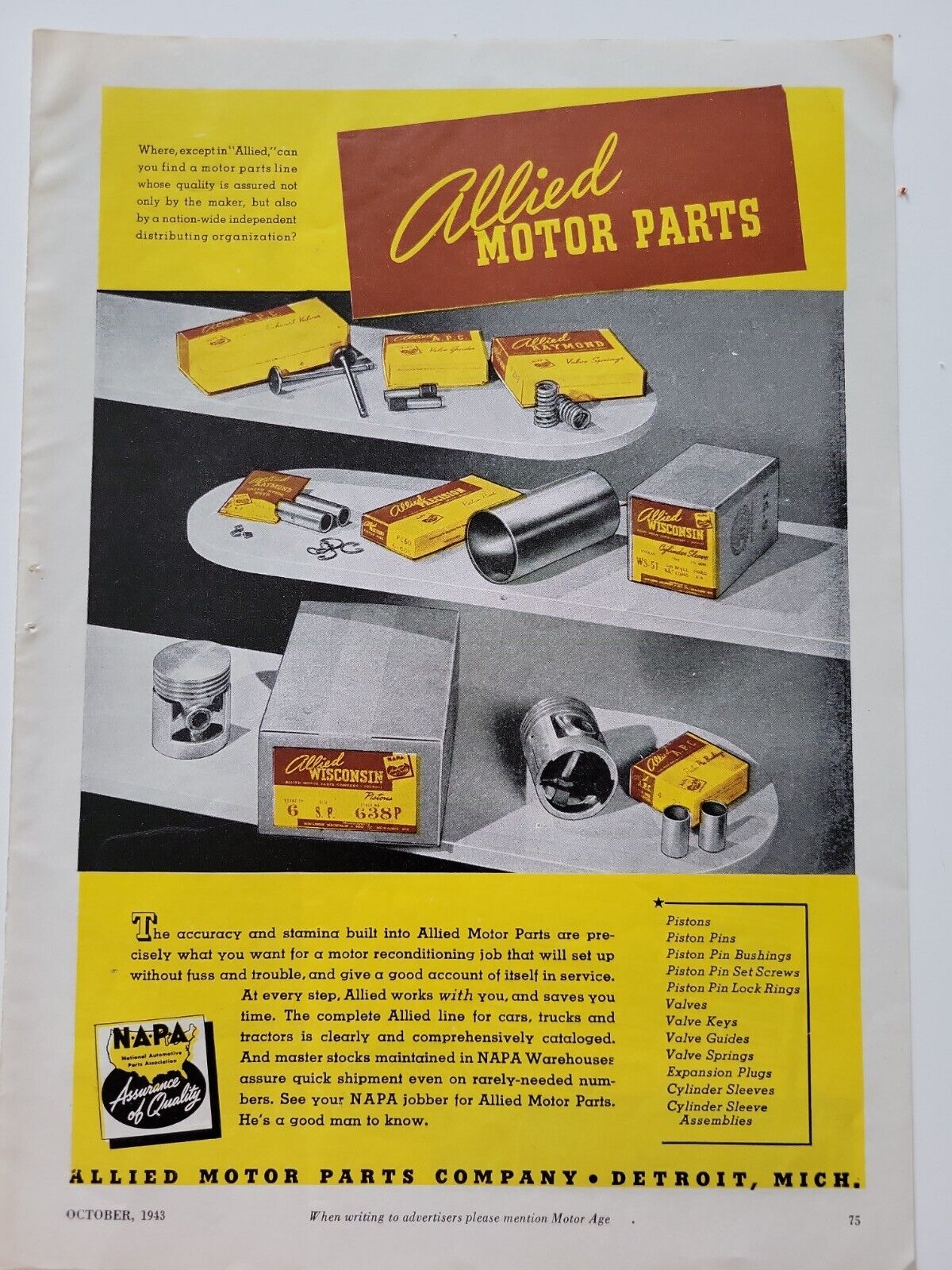 1943 NAPA Allied Motor parts Company Detroit Michigan vintage ad