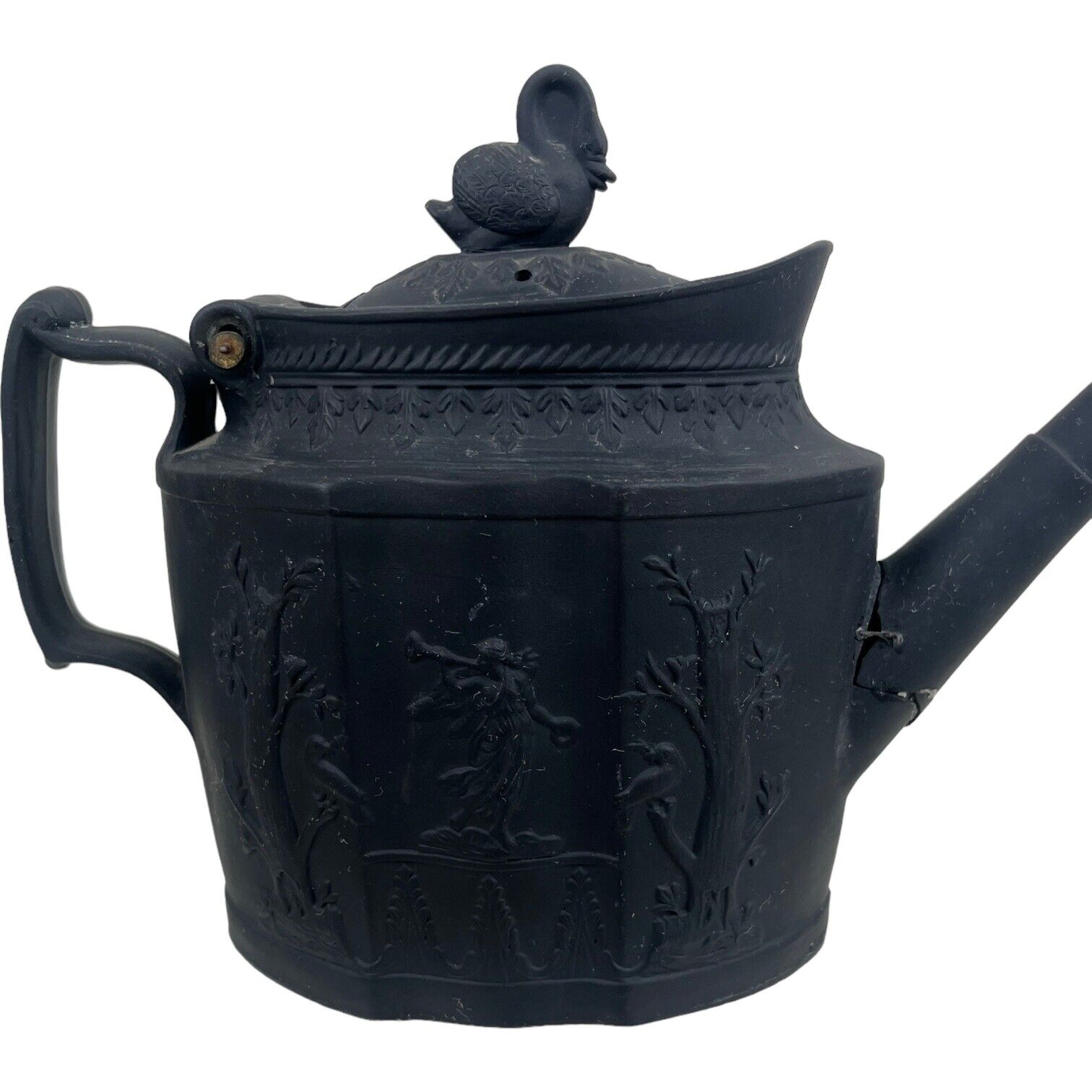Antique Late 18th Early 19th Cen Black Basalt Teapot Swan Finial Make Do Repairs